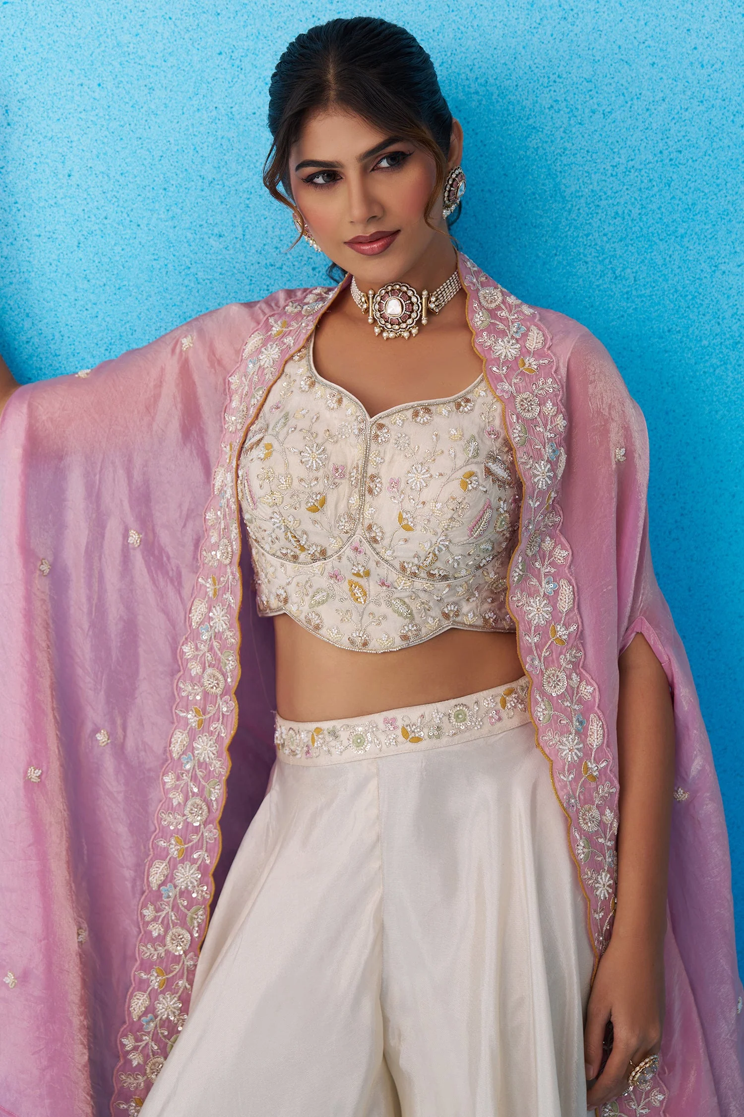 Cream Viscoce Embroidered Crop Top with Flared Cape And Palazzo Set - Image 6