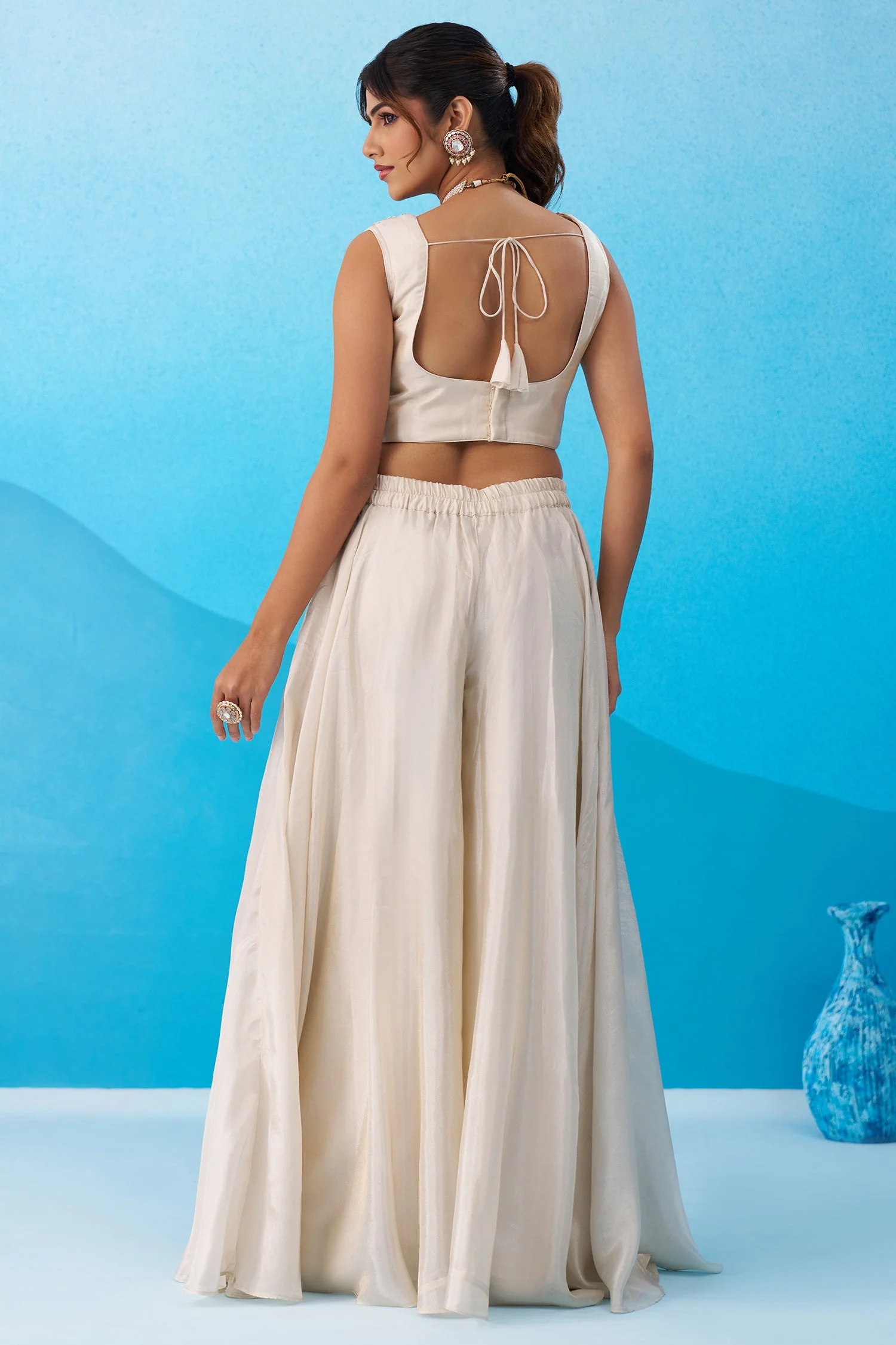 Cream Viscoce Embroidered Crop Top with Flared Cape And Palazzo Set - Image 7