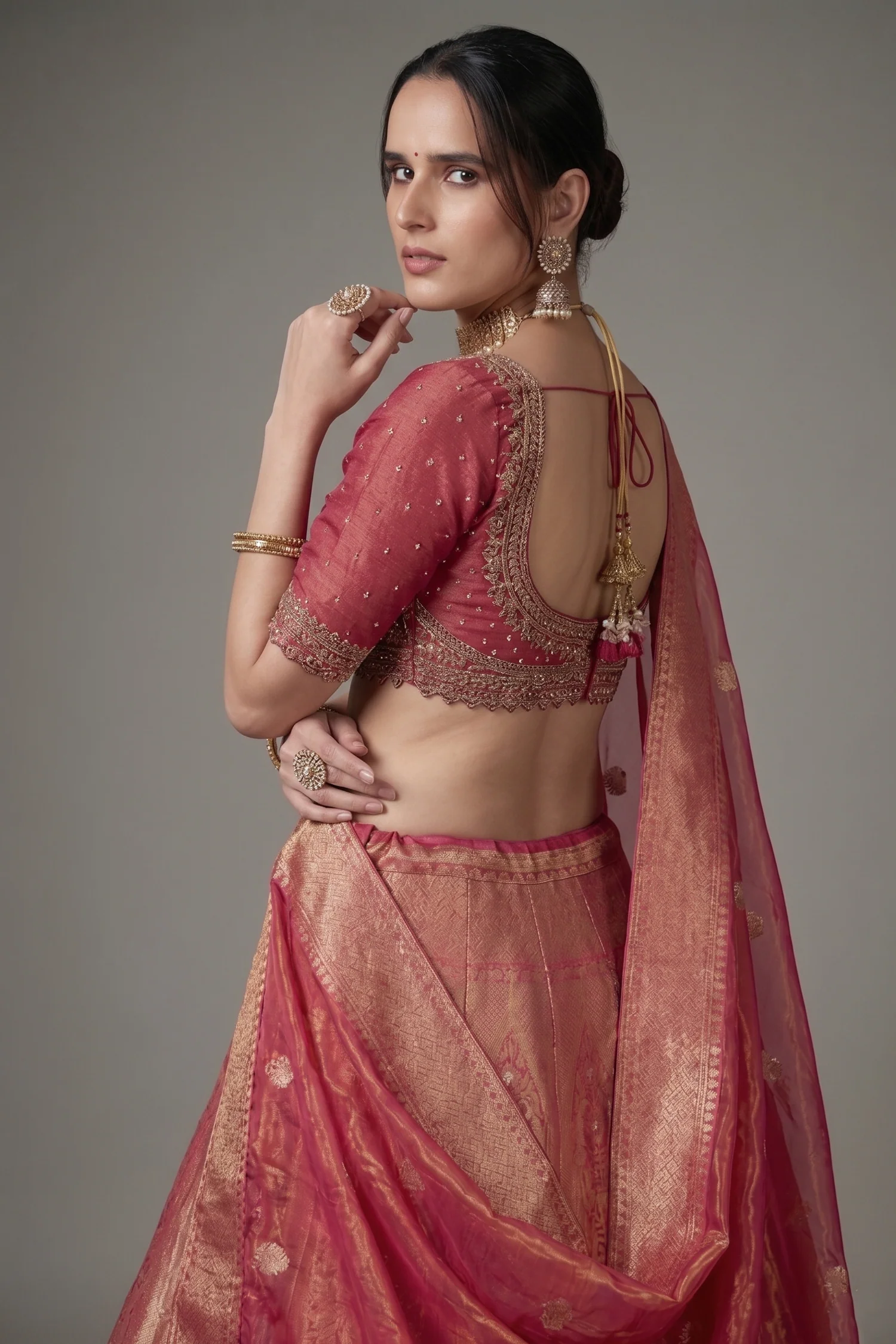 Crimson Pink Banarasi Tissue Silk All Over Woven Lehenga - Image 2