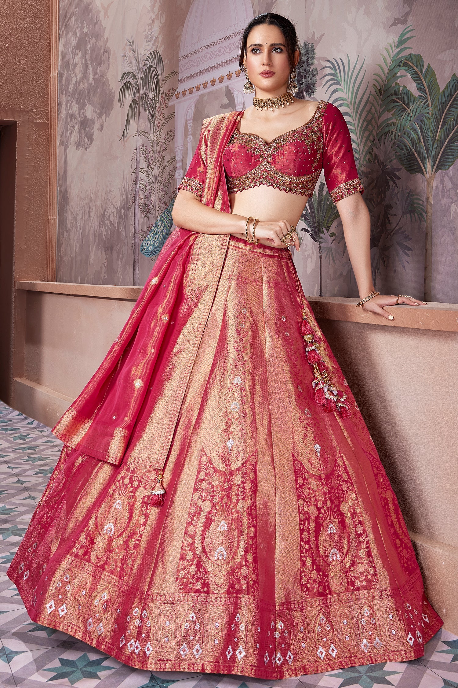Crimson Pink Banarasi Tissue Silk All Over Woven Lehenga - Image 3
