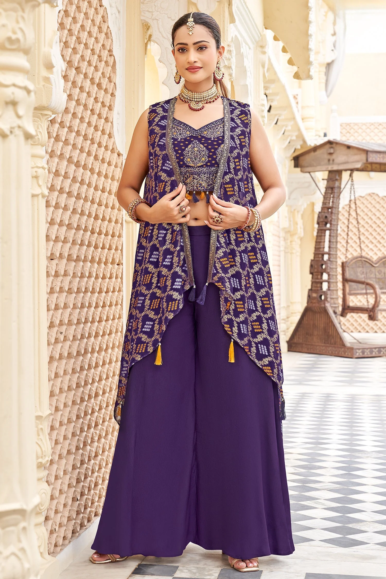 Cyber Grape Purple Georgette Bandhej Crop Top Palazzo Set with Jacket - Image 2