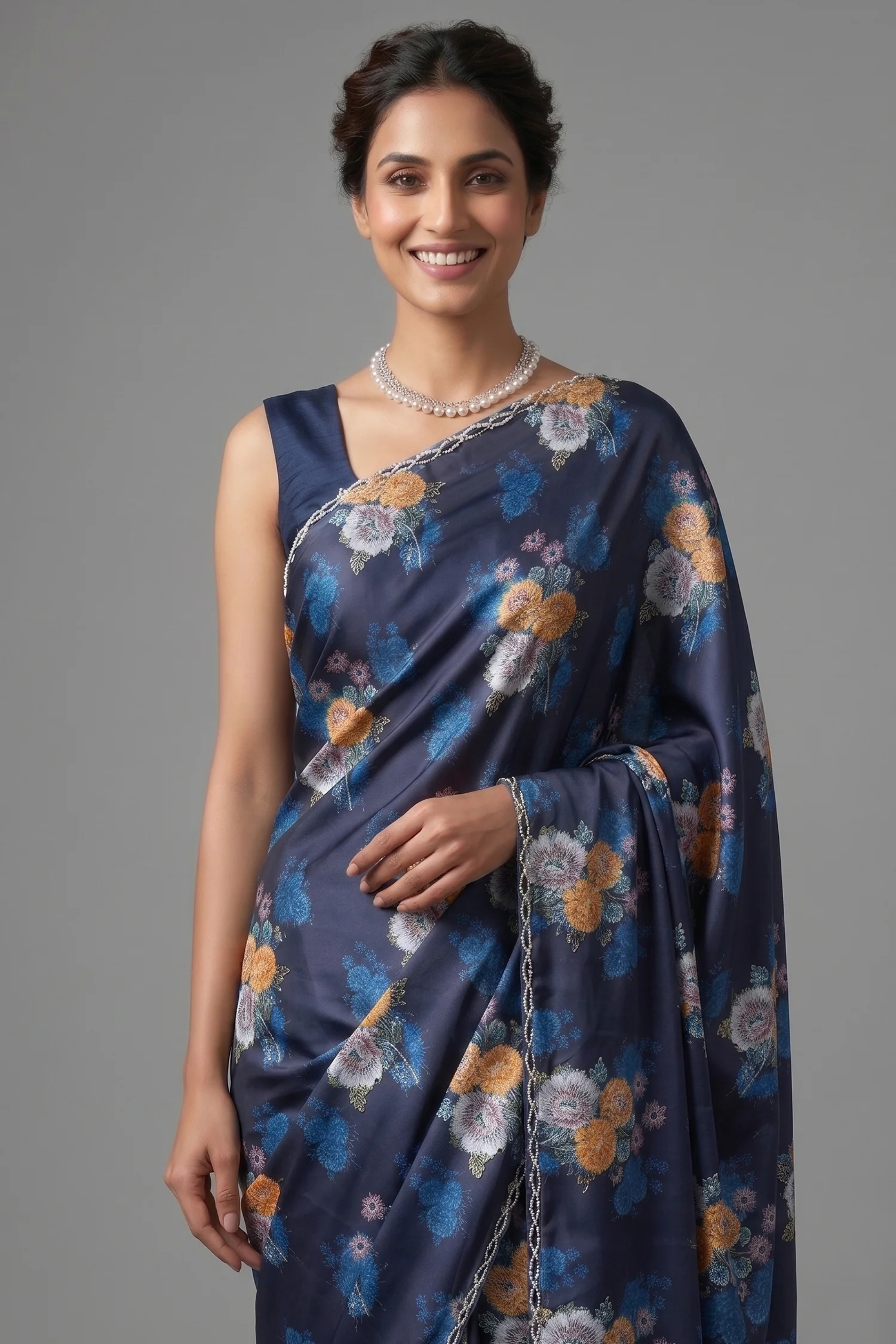 Dark Blue Crepe Silk Floral Digital Printed Saree with Beaded Cutdana Work Scallop Border - Image 2