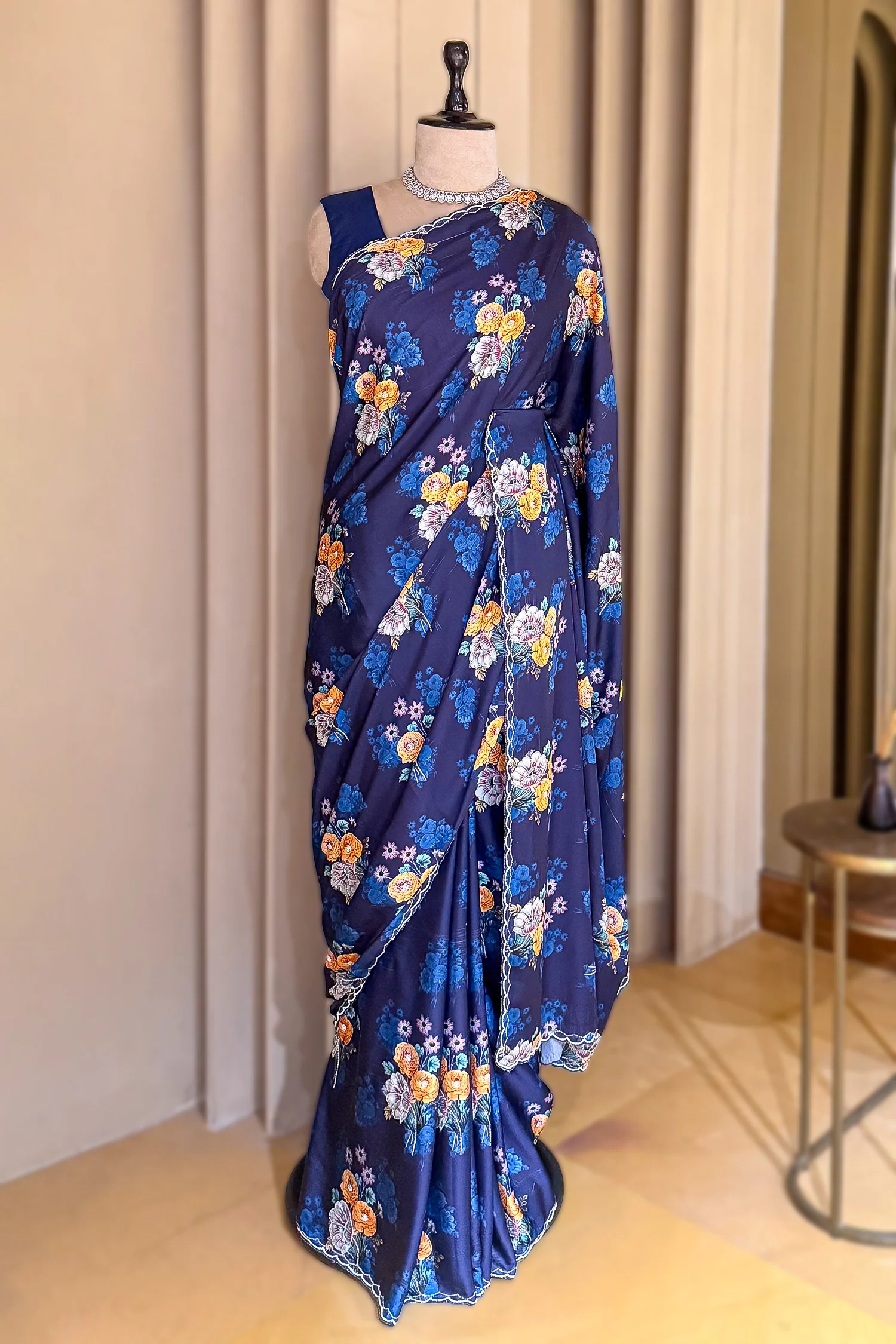 Dark Blue Crepe Silk Floral Digital Printed Saree with Beaded Cutdana Work Scallop Border - Image 3
