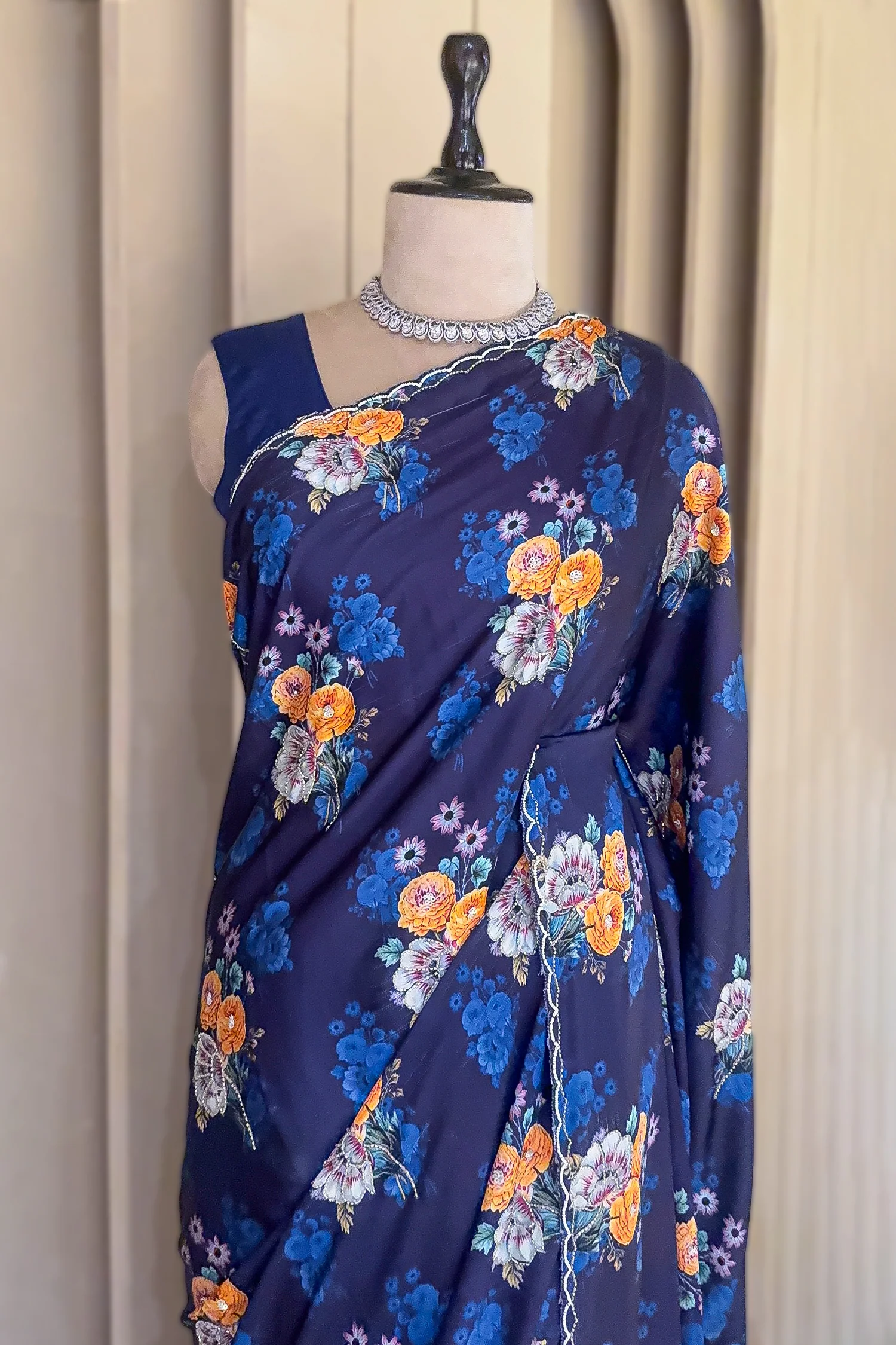 Dark Blue Crepe Silk Floral Digital Printed Saree with Beaded Cutdana Work Scallop Border - Image 4