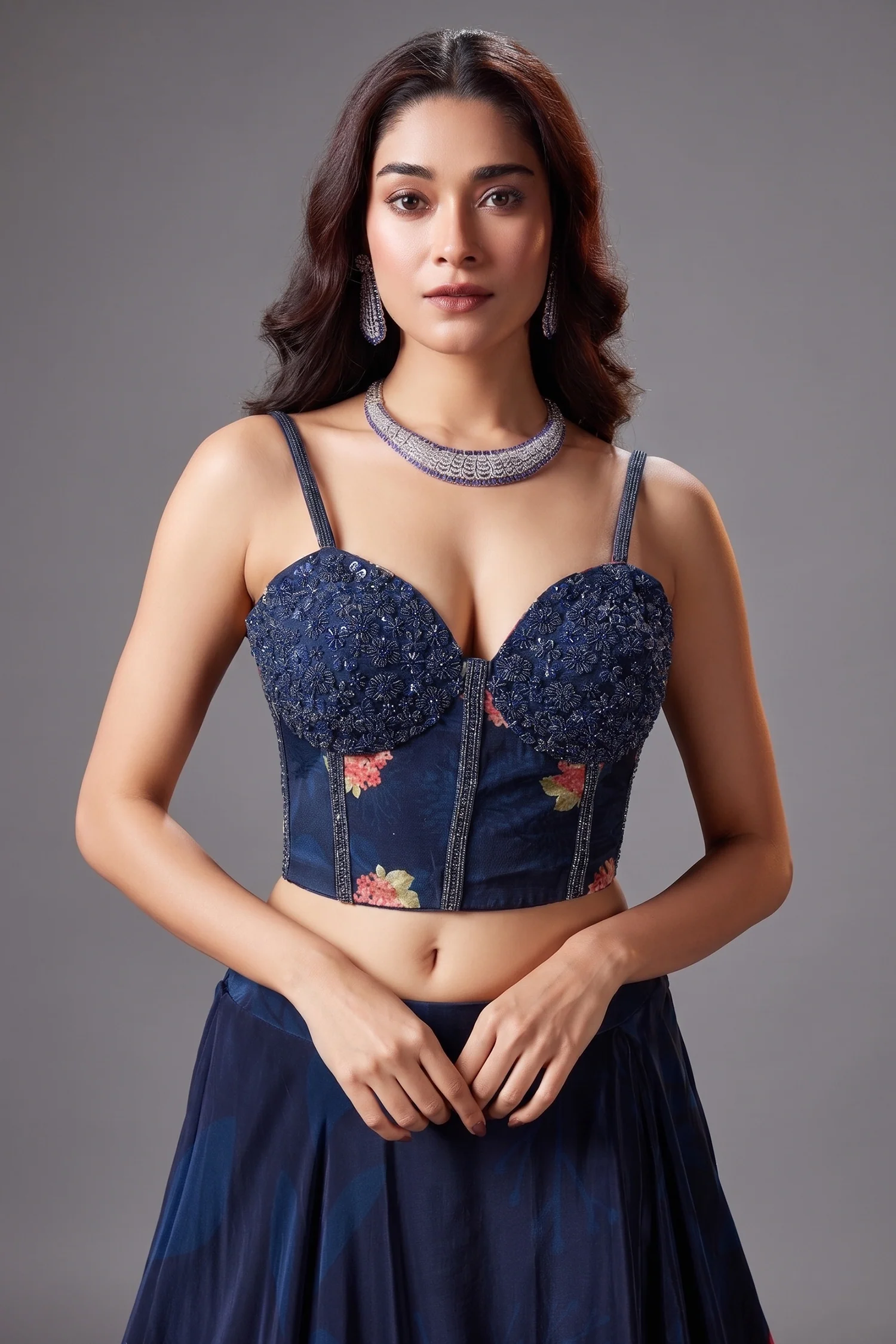 Dark Blue Crepe Silk Floral Printed Lehenga with Cutdana and Sequin Worked Corset - Image 2