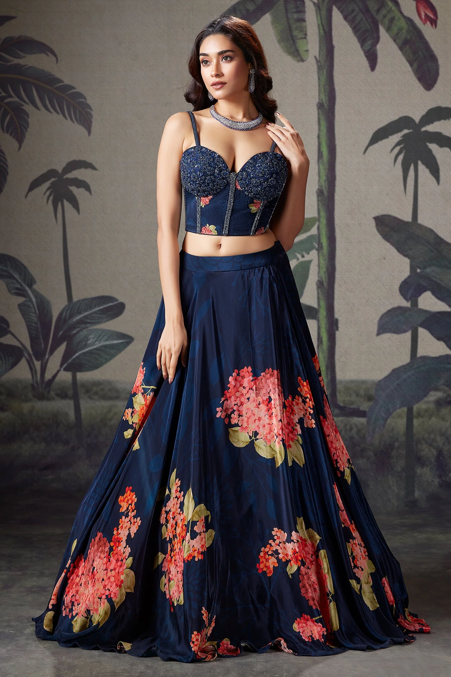 Dark Blue Crepe Silk Floral Printed Lehenga with Cutdana and Sequin Worked Corset - Image 3