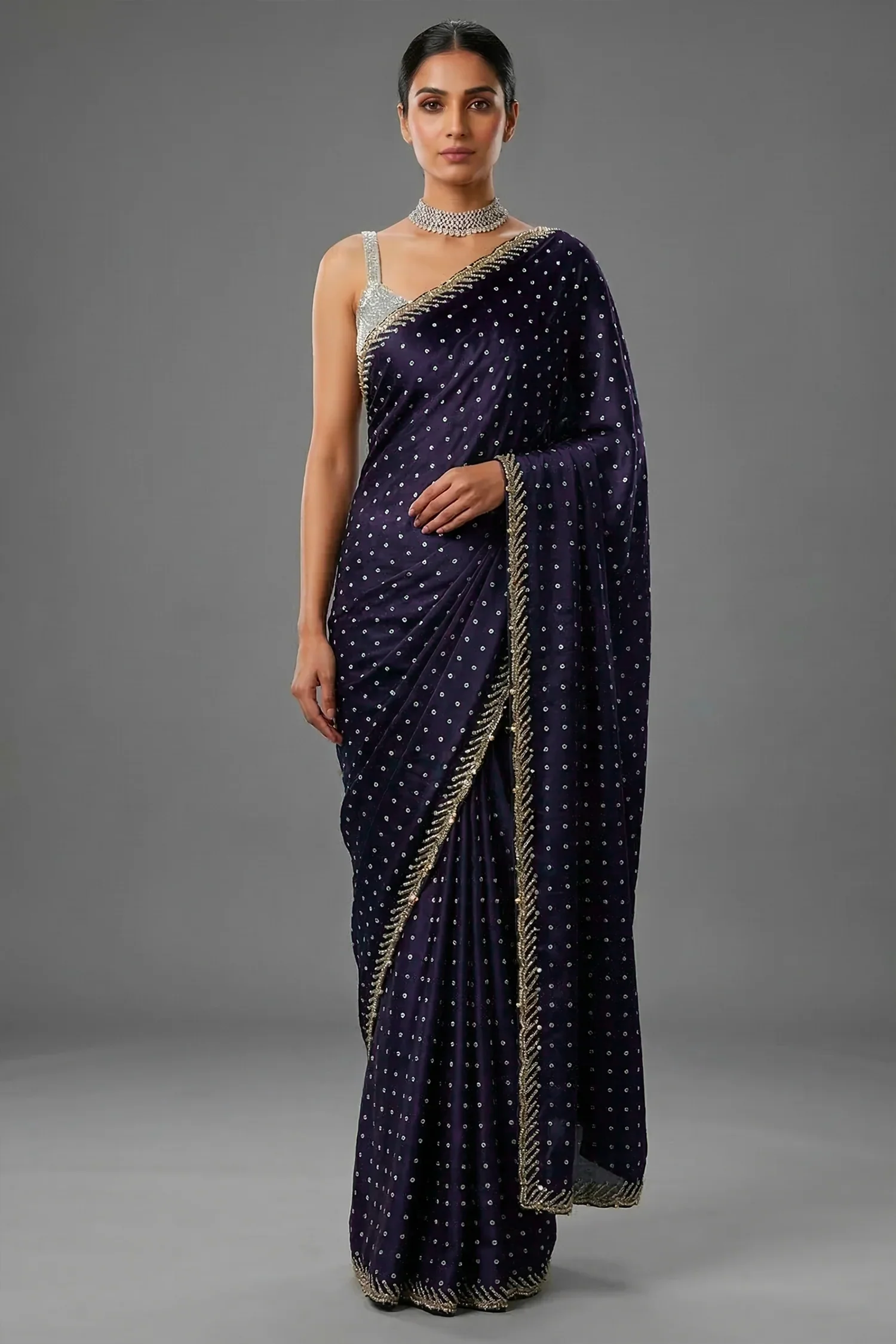 Dark Blue Crepe Silk Printed Saree with Scallop Cutdana Beaded Border