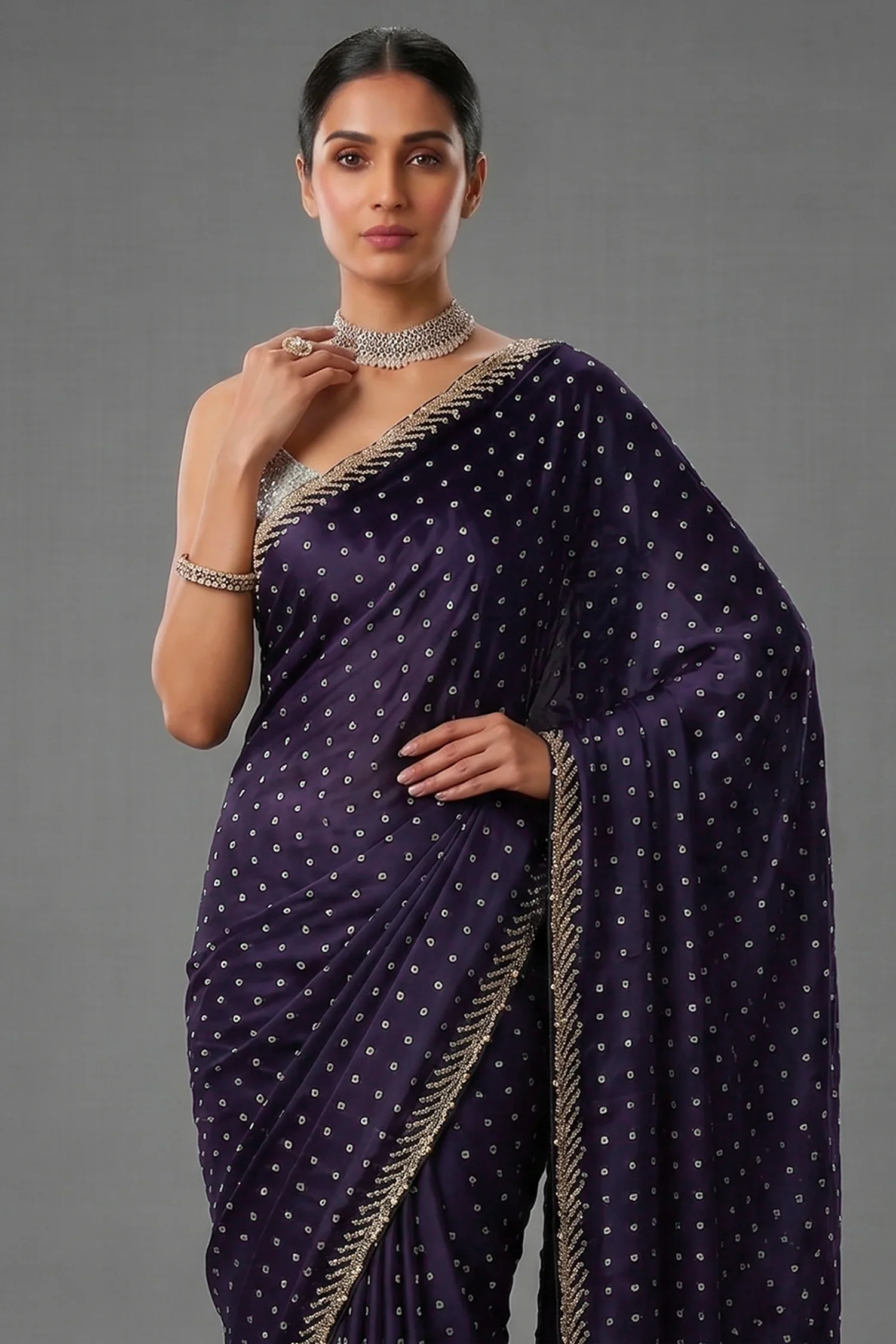 Dark Blue Crepe Silk Printed Saree with Scallop Cutdana Beaded Border - Image 2