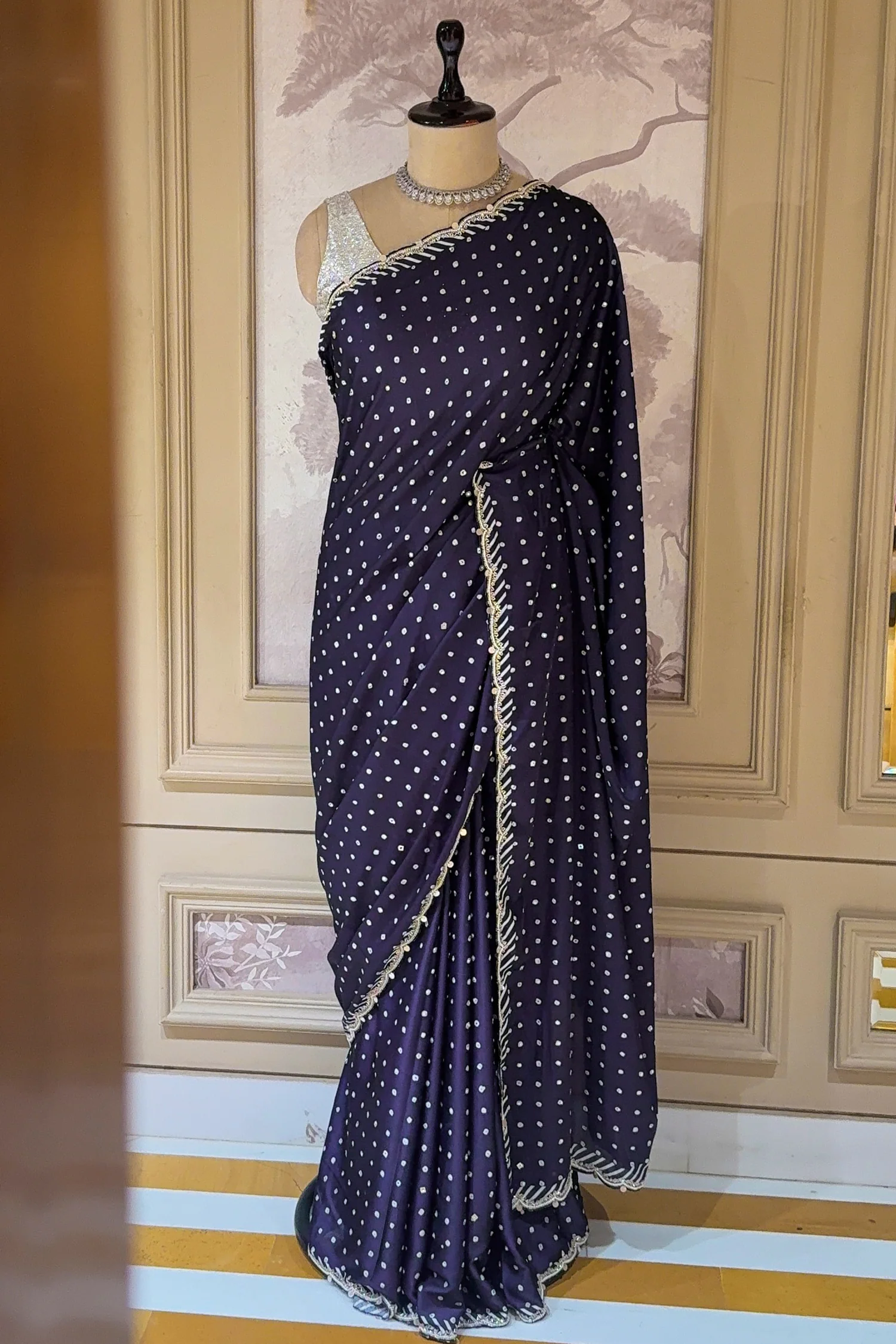 Dark Blue Crepe Silk Printed Saree with Scallop Cutdana Beaded Border - Image 3