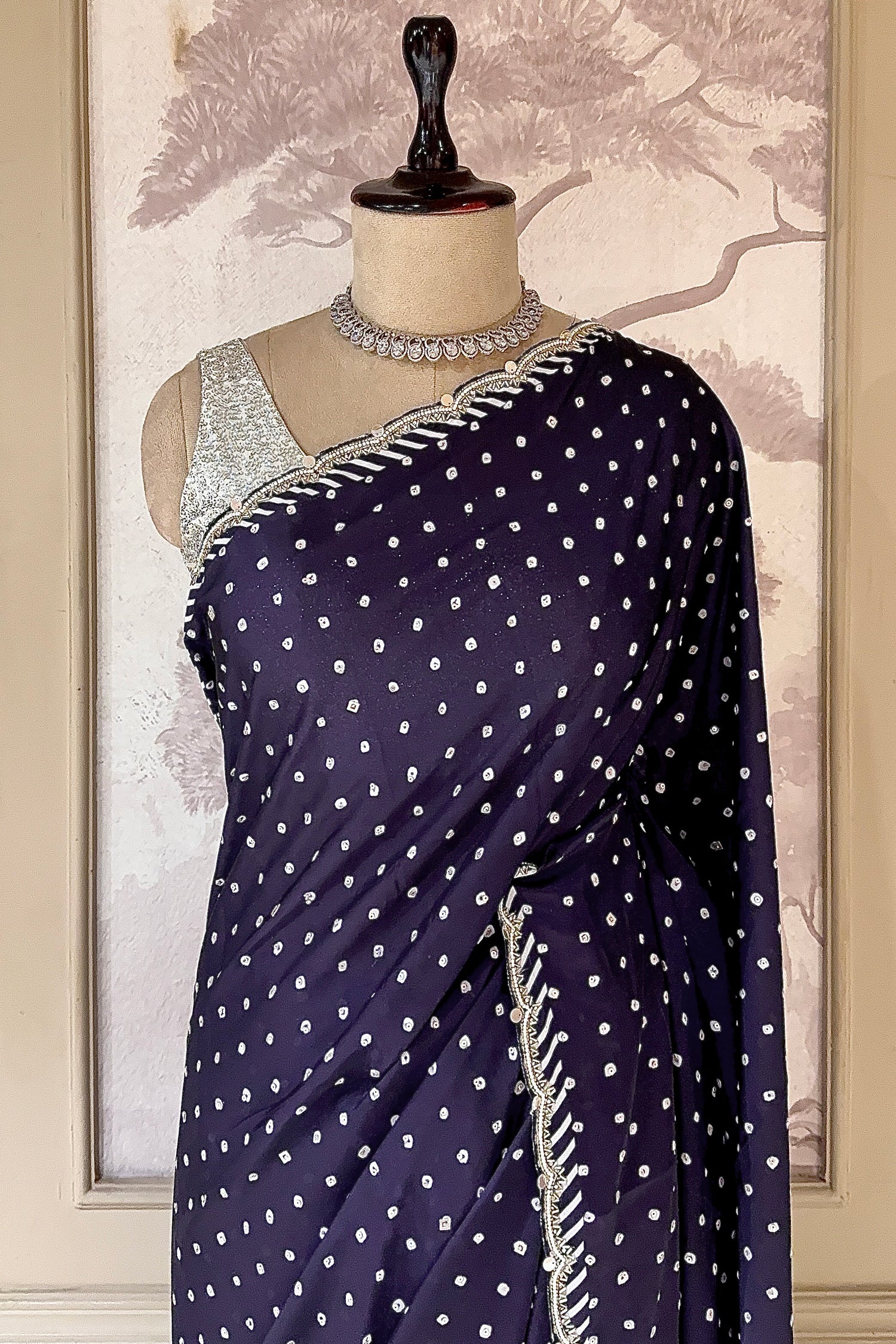 Dark Blue Crepe Silk Printed Saree with Scallop Cutdana Beaded Border - Image 4
