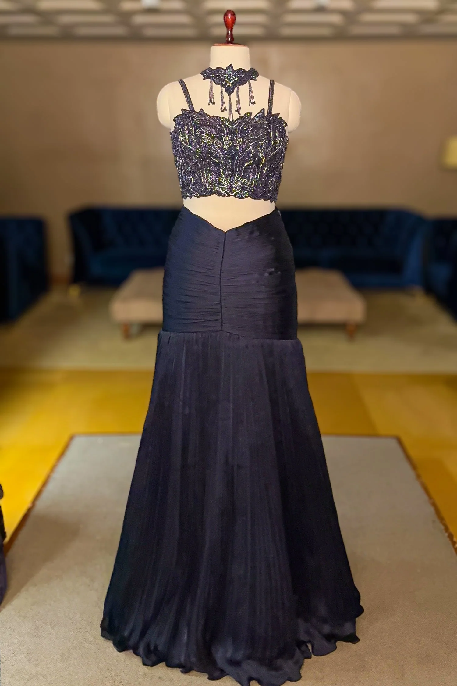 Dark Blue Fishcut Lehenga with Blouse and Choker Dupatta - Image 3
