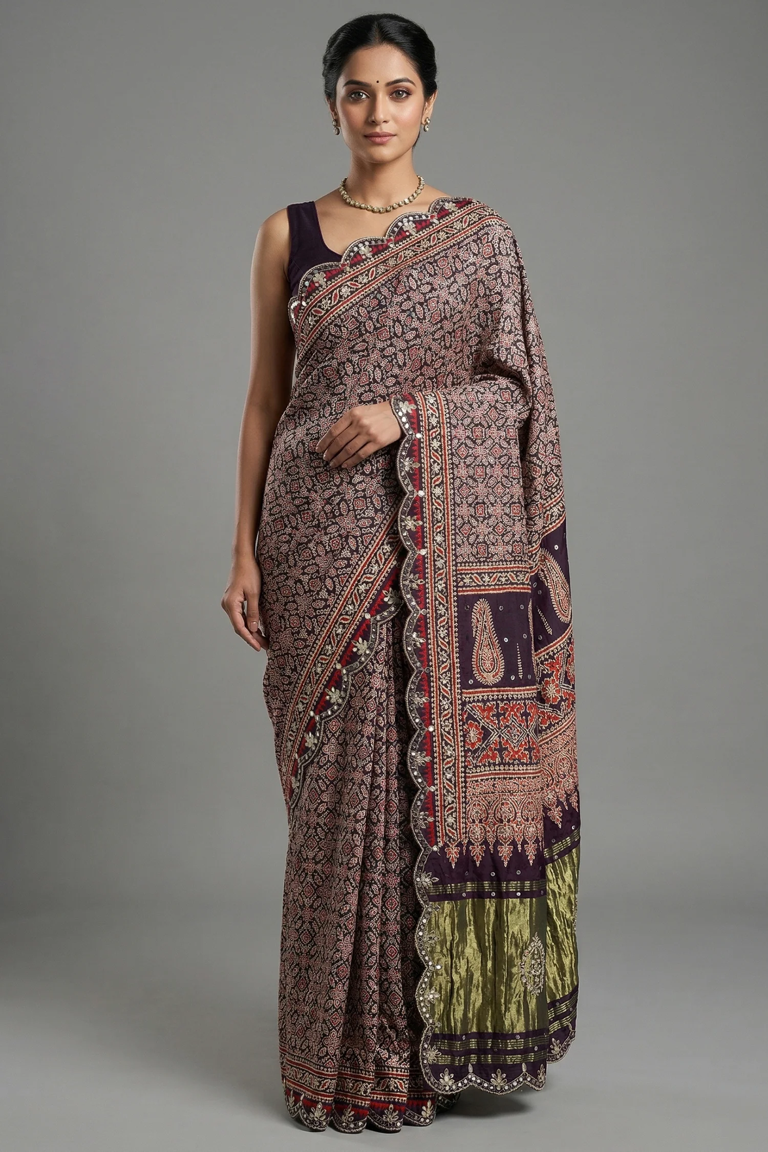 Dark Blue Modal Silk Ajrakh Printed Saree with Applique and Gota Work