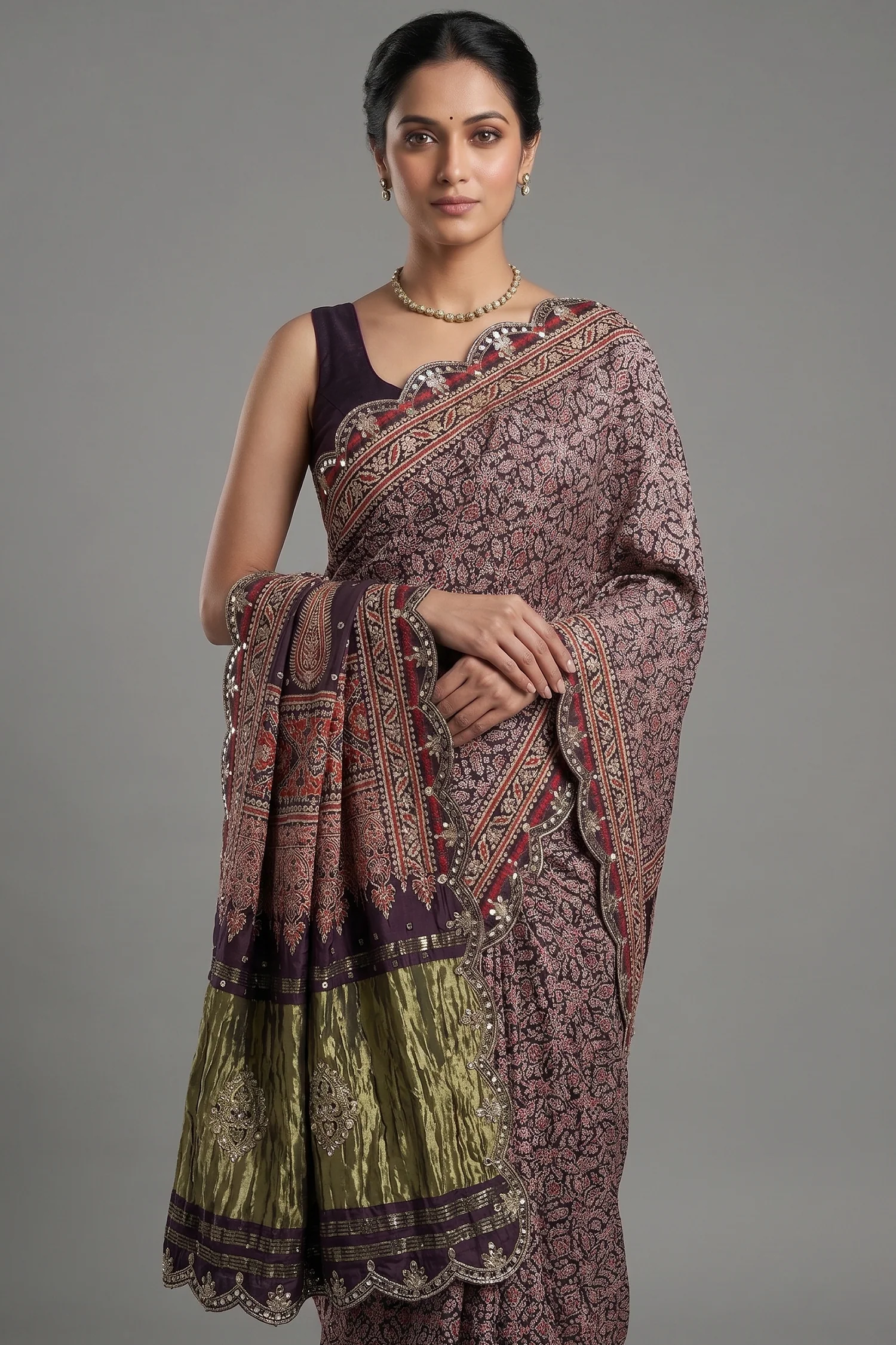 Dark Blue Modal Silk Ajrakh Printed Saree with Applique and Gota Work - Image 2