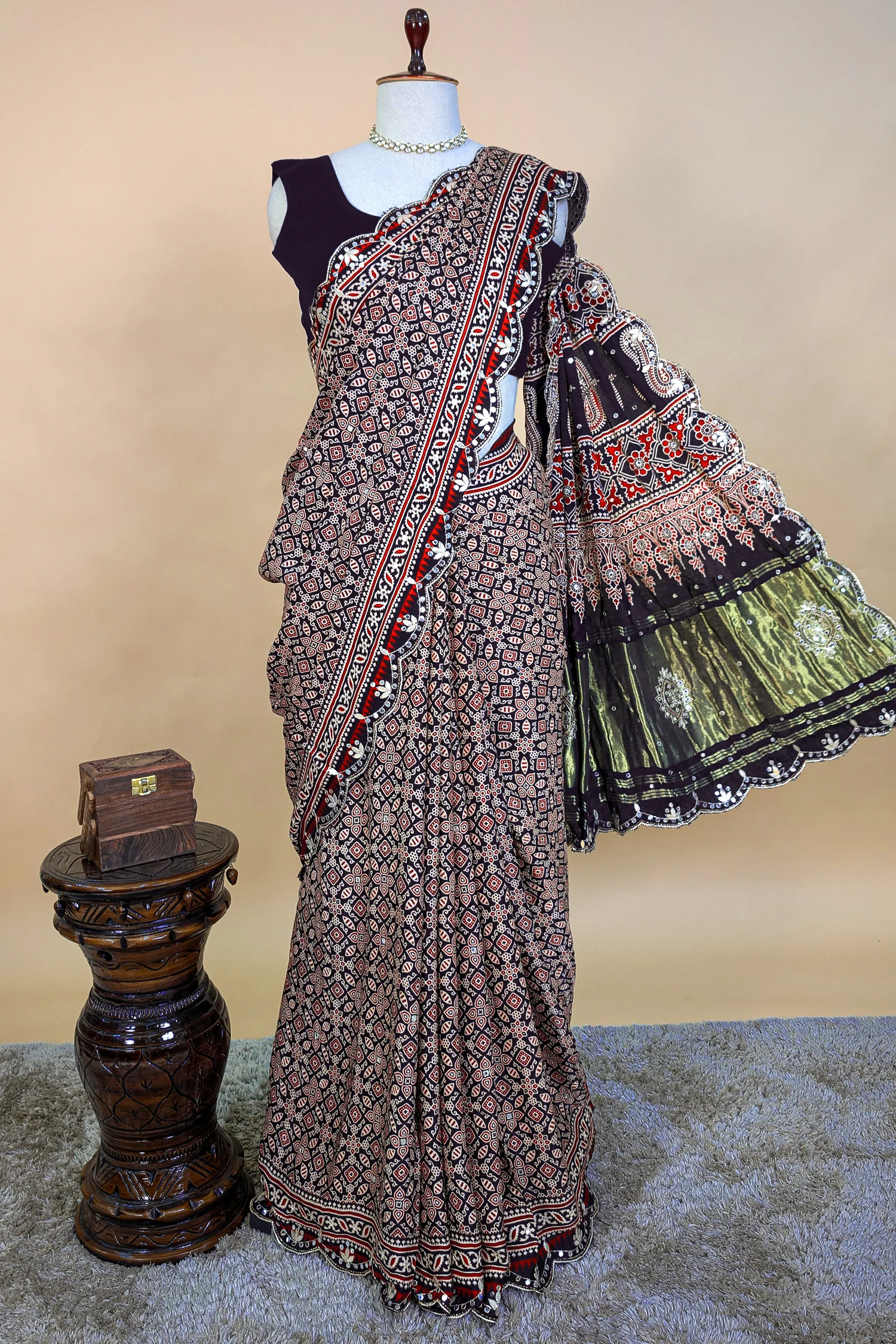 Dark Blue Modal Silk Ajrakh Printed Saree with Applique and Gota Work - Image 4
