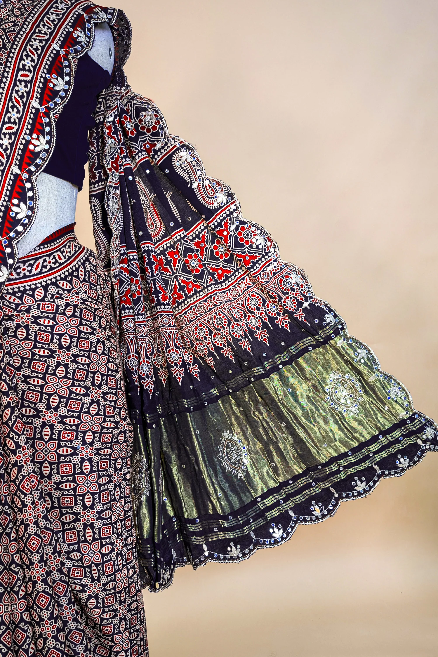 Dark Blue Modal Silk Ajrakh Printed Saree with Applique and Gota Work - Image 5