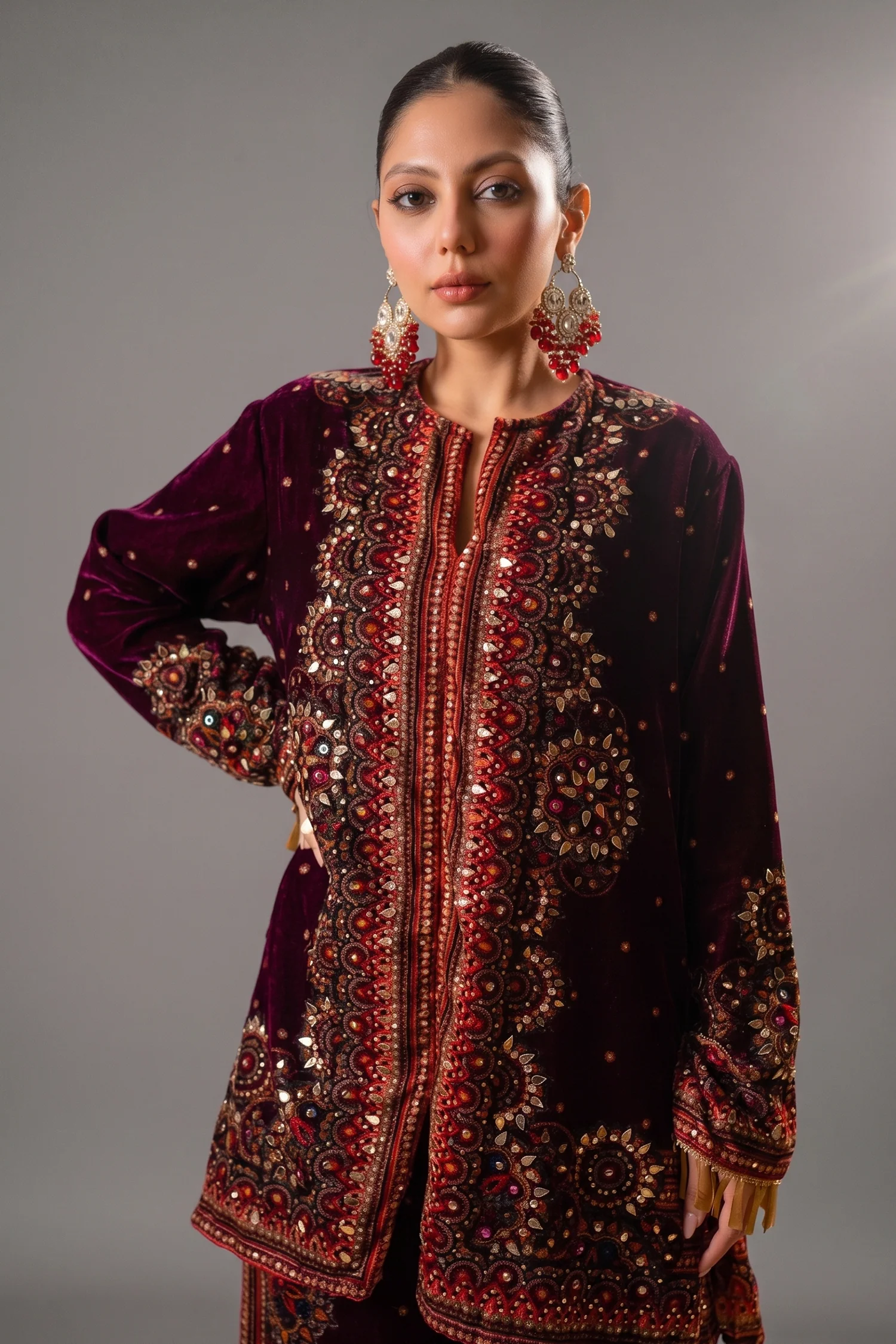 Dark Byzantium Velvet Printed and Sequinned Palazzo Suit - Image 2