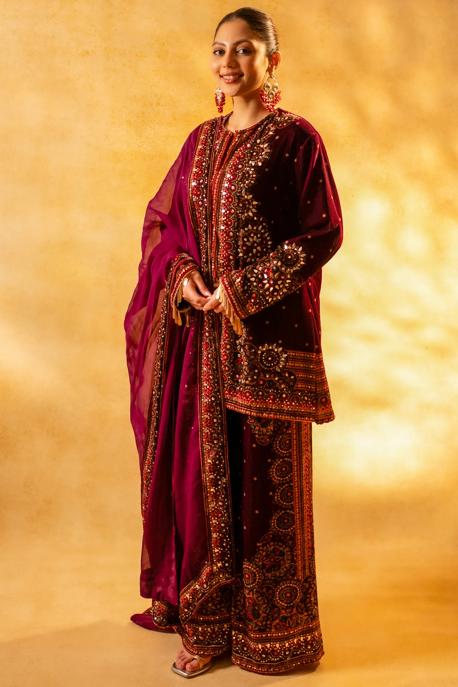 Dark Byzantium Velvet Printed and Sequinned Palazzo Suit - Image 3