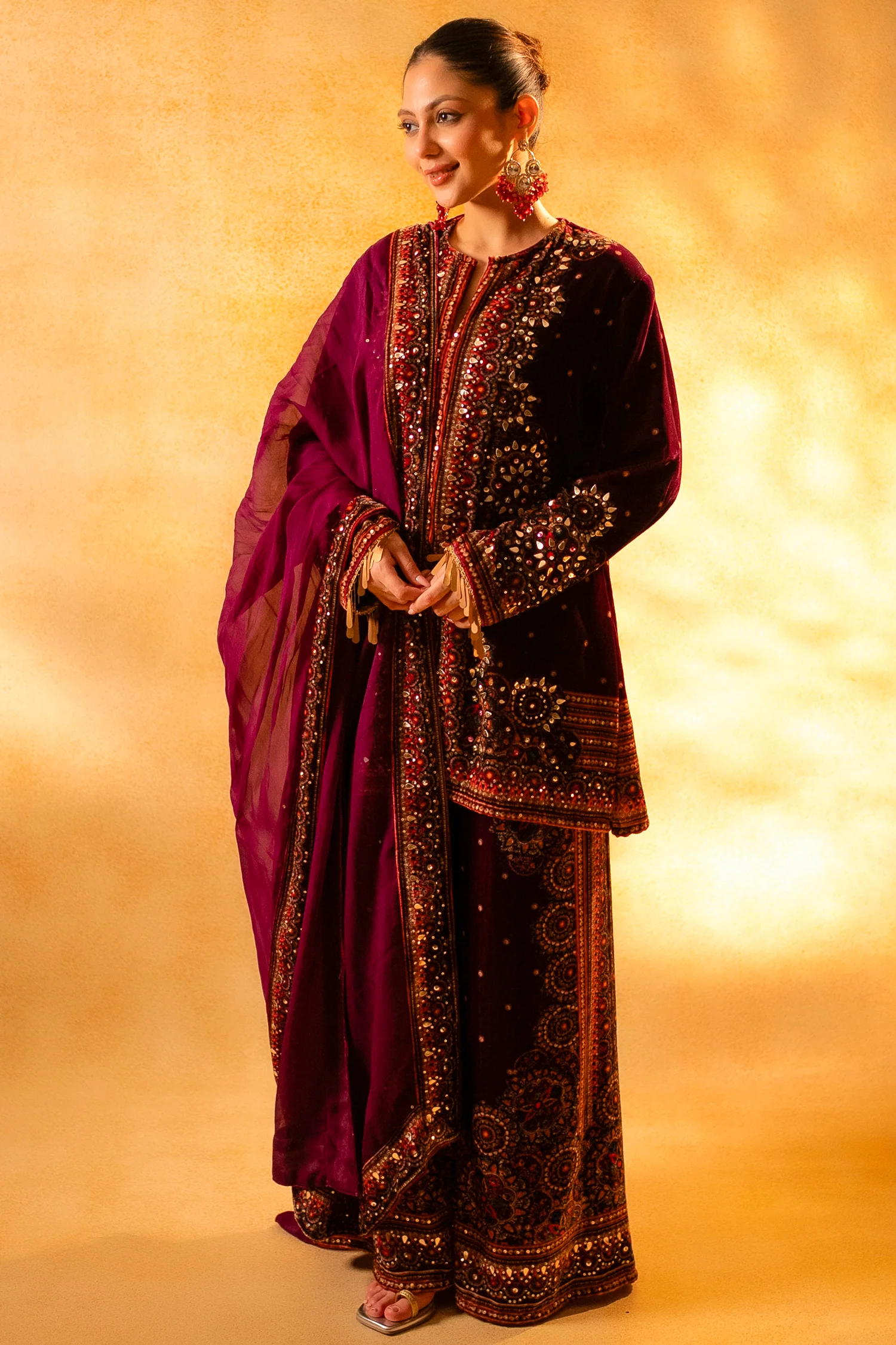 Dark Byzantium Velvet Printed and Sequinned Palazzo Suit - Image 4