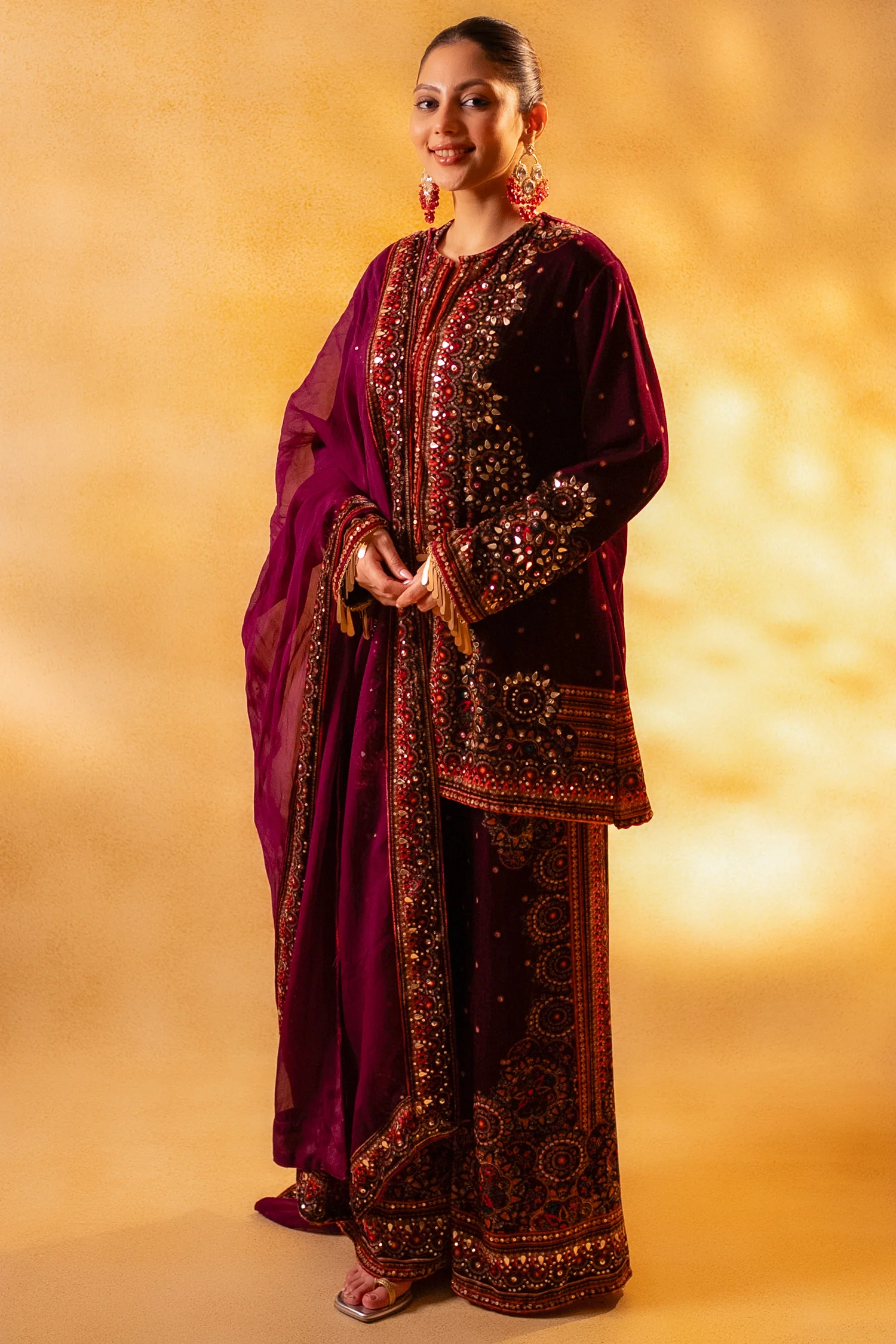 Dark Byzantium Velvet Printed and Sequinned Palazzo Suit - Image 5