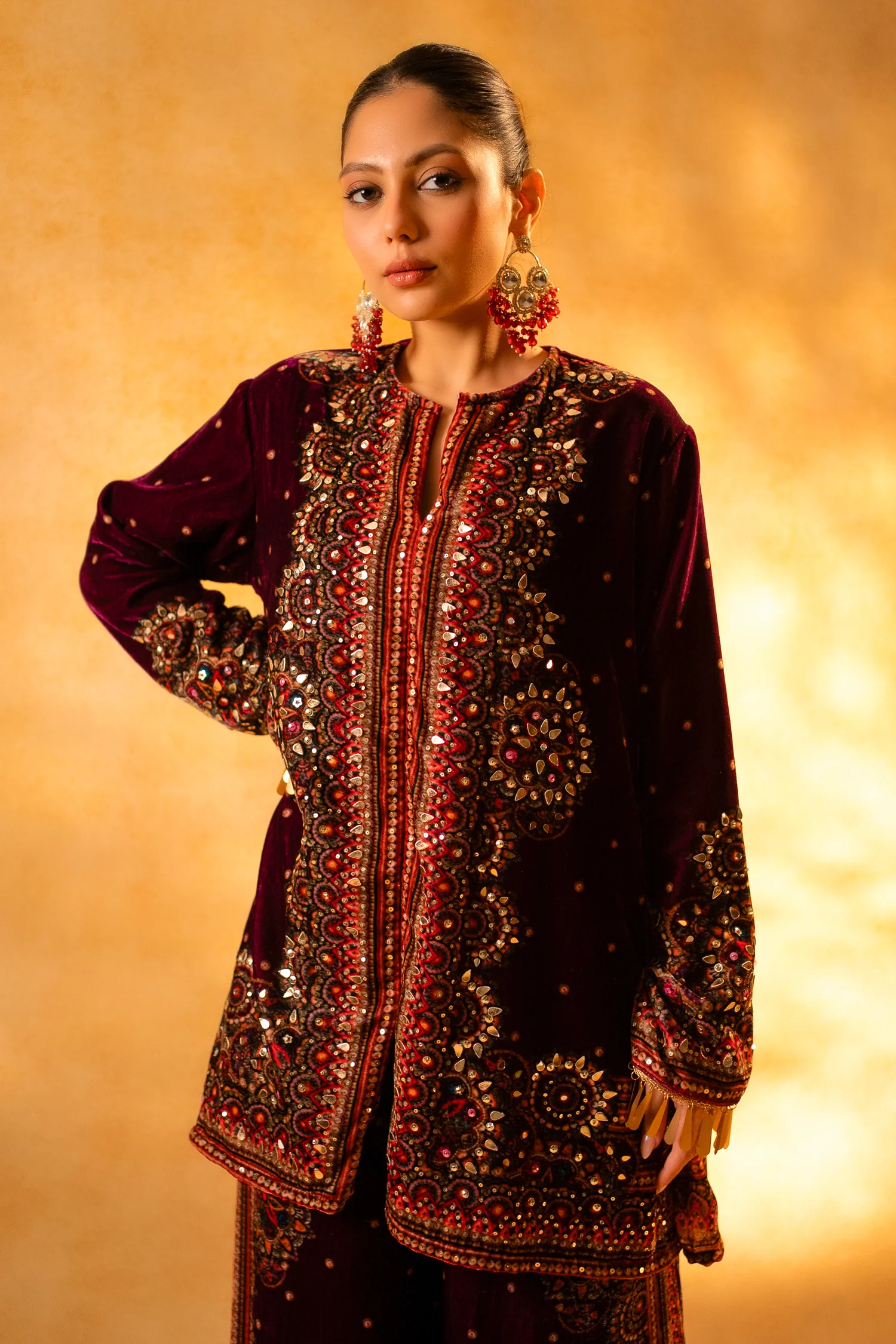 Dark Byzantium Velvet Printed and Sequinned Palazzo Suit - Image 6