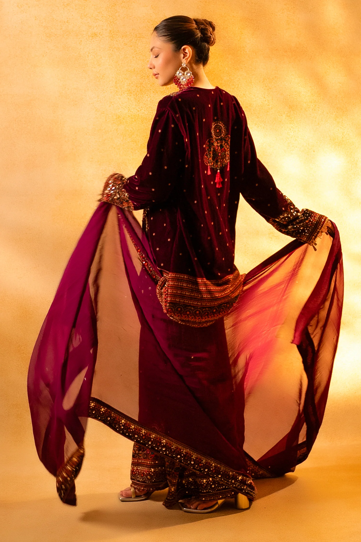 Dark Byzantium Velvet Printed and Sequinned Palazzo Suit - Image 7