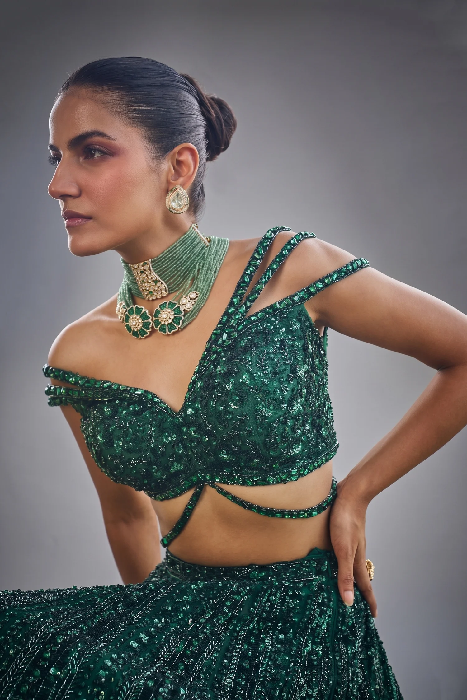 Dark Green Net Designer Sequin Cutdana Worked Lehenga with Embellished Blouse - Image 2