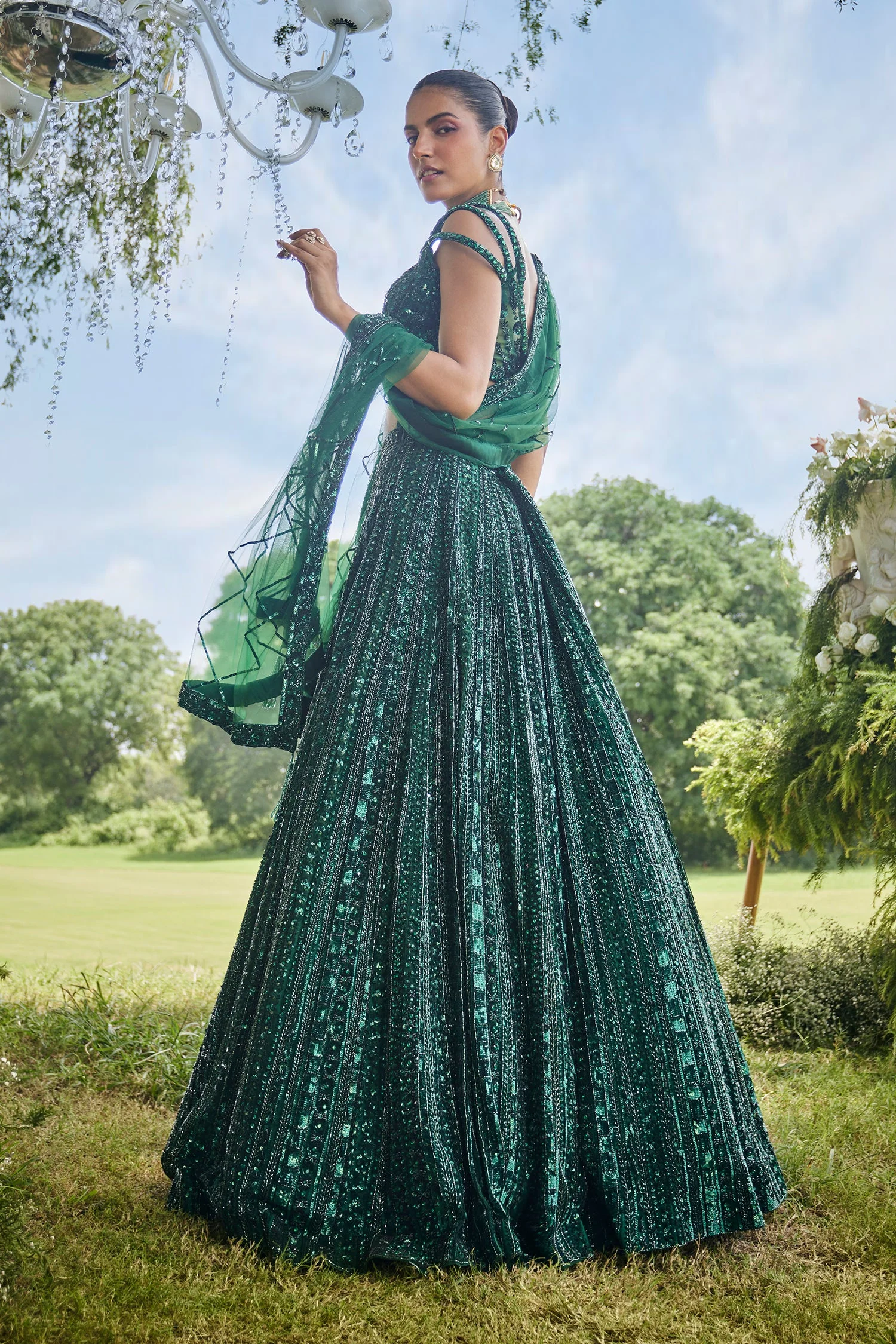 Dark Green Net Designer Sequin Cutdana Worked Lehenga with Embellished Blouse - Image 4