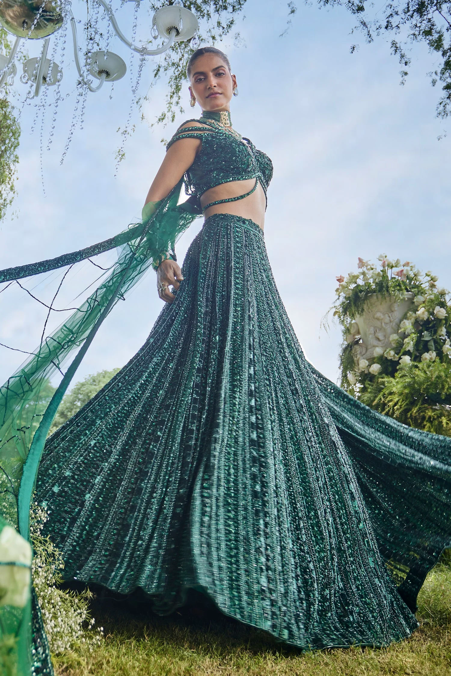 Dark Green Net Designer Sequin Cutdana Worked Lehenga with Embellished Blouse - Image 5