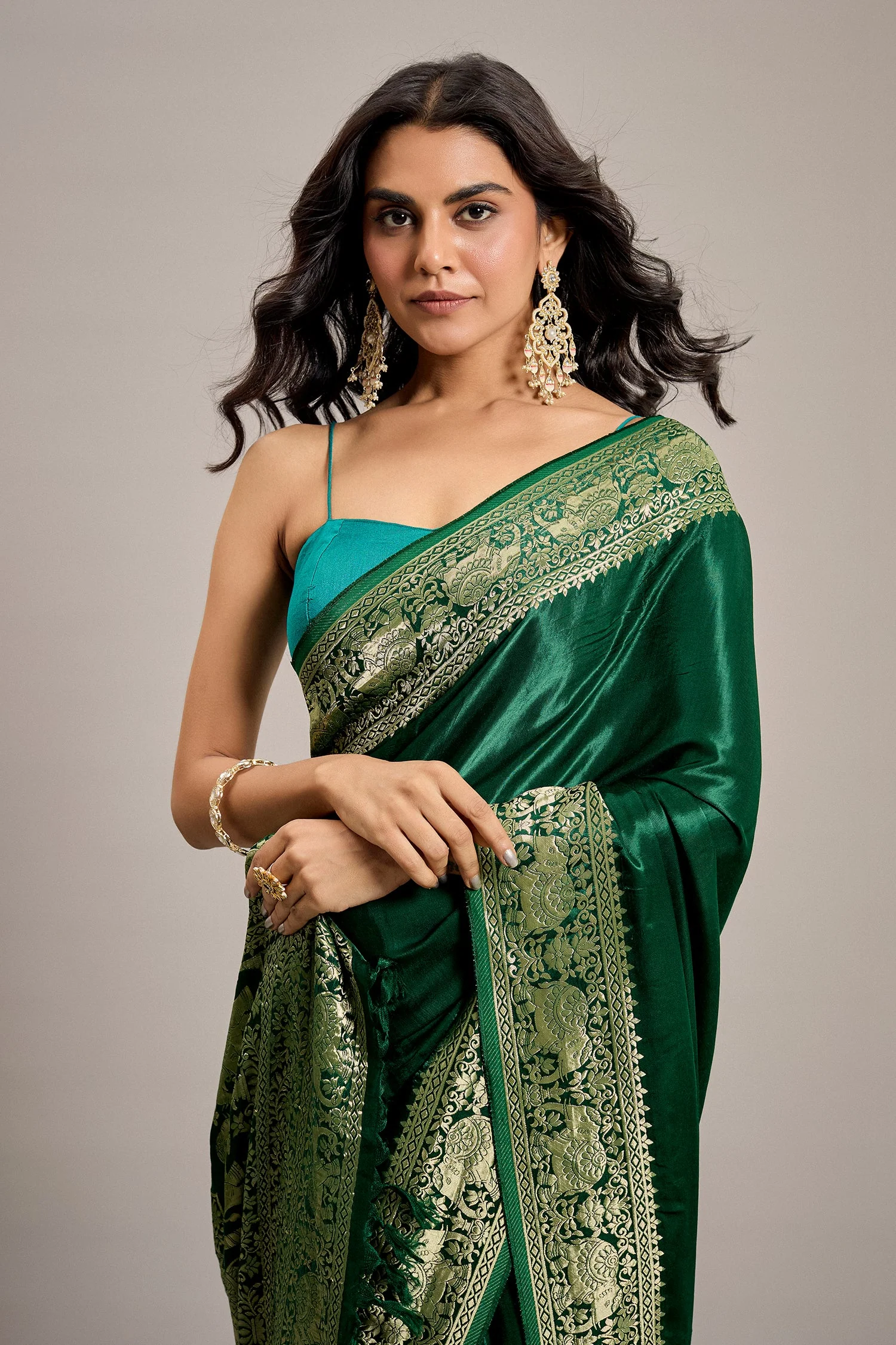 Dark Green Satin Silk Saree with Elephant Motifs Border - Image 5