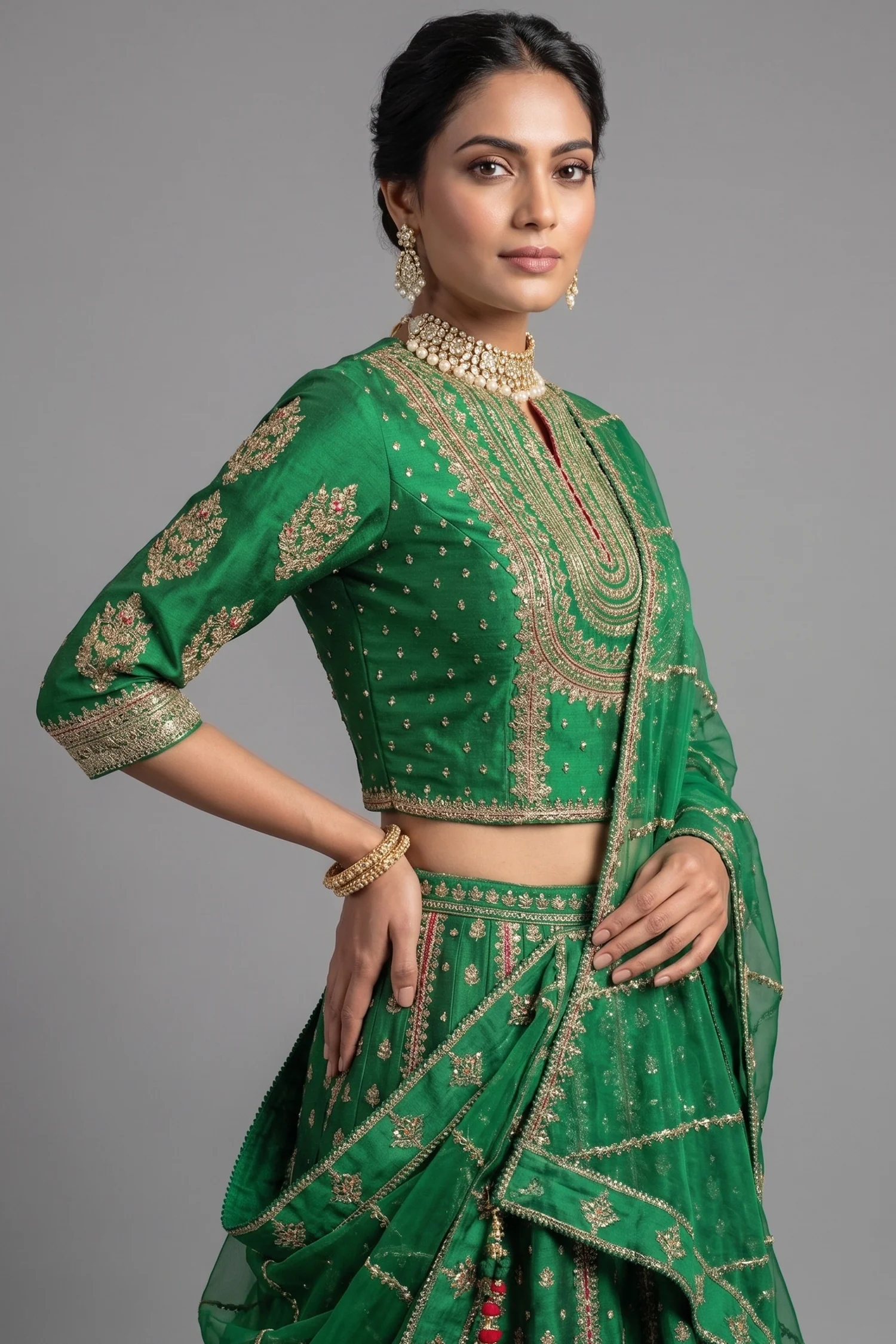 Dark Green Silk Sequin Embroidered Lehenga Set - Image 2