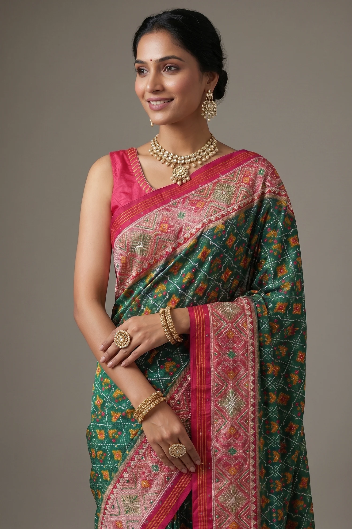 Dark Green Silk Traditional Woven Saree with Contrast Border and Pallu - Image 2