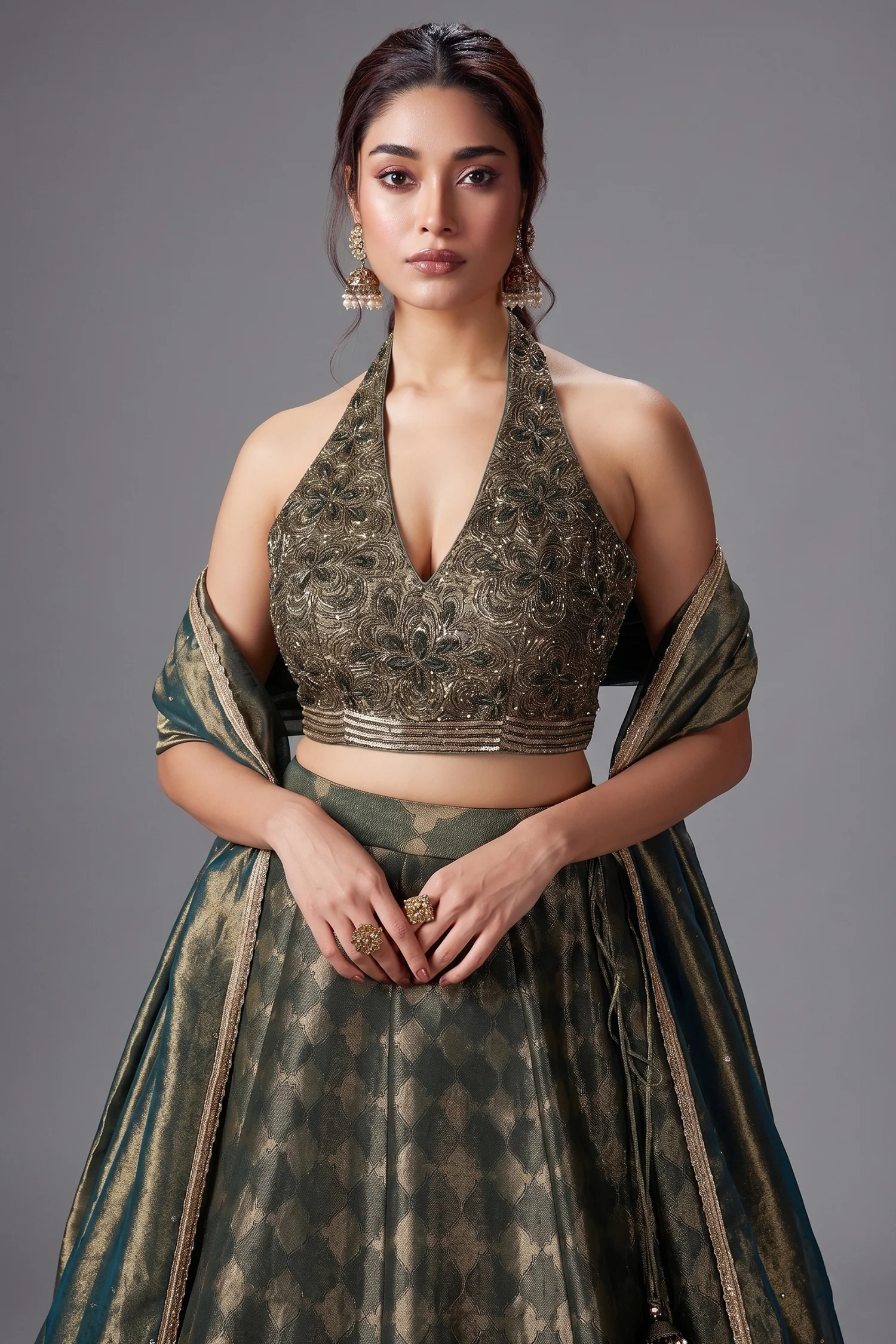 Dark Green Tissue Zari Woven Lehenga with Handworked Halter Neck Blouse - Image 2