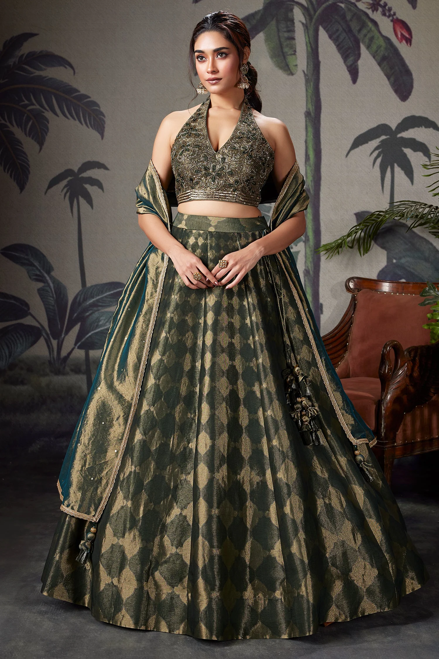 Dark Green Tissue Zari Woven Lehenga with Handworked Halter Neck Blouse - Image 3