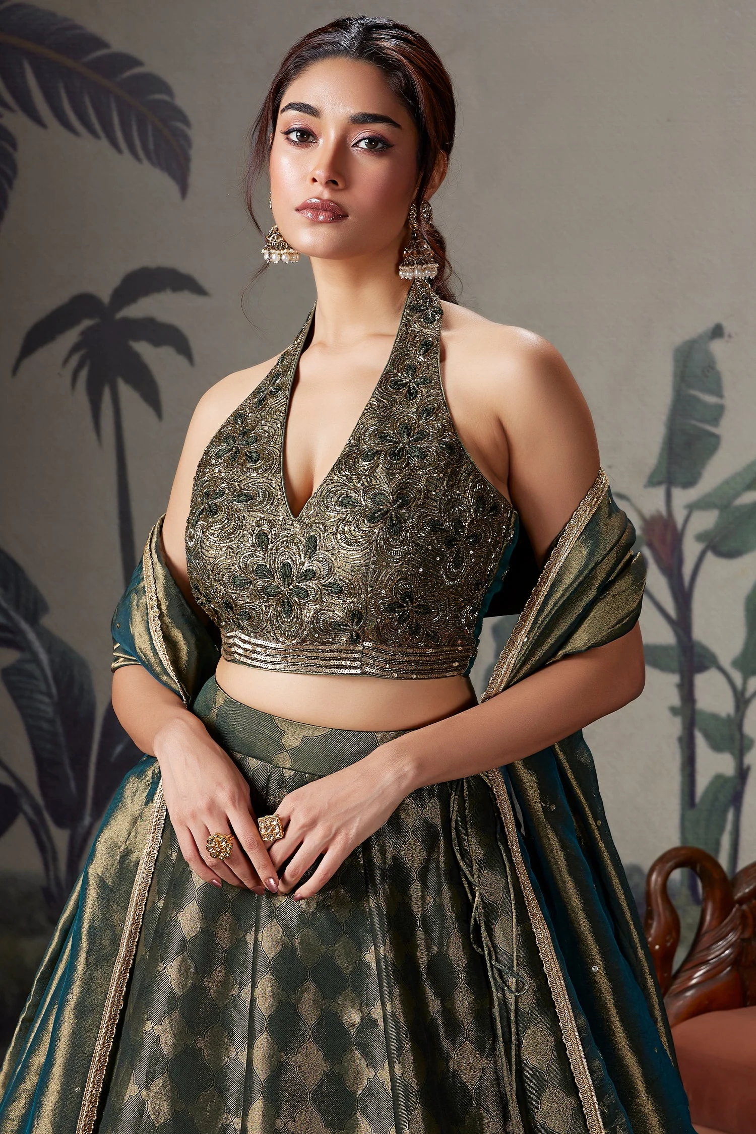 Dark Green Tissue Zari Woven Lehenga with Handworked Halter Neck Blouse - Image 4