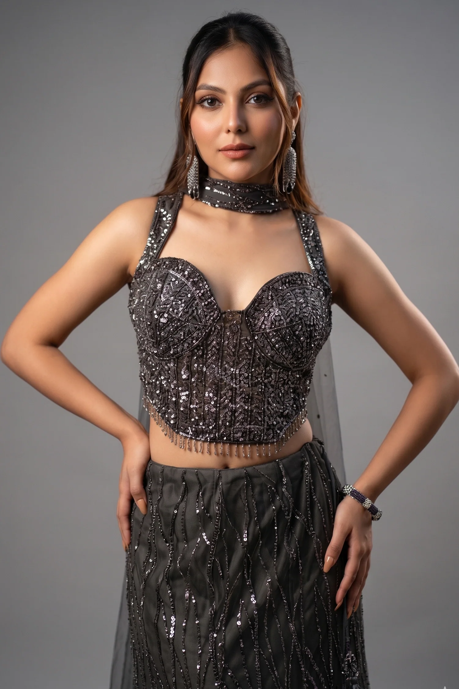 Dark Grey Net Sequin and Cutdana Worked Lehenga with Sweet Heart Neckline Corset - Image 2
