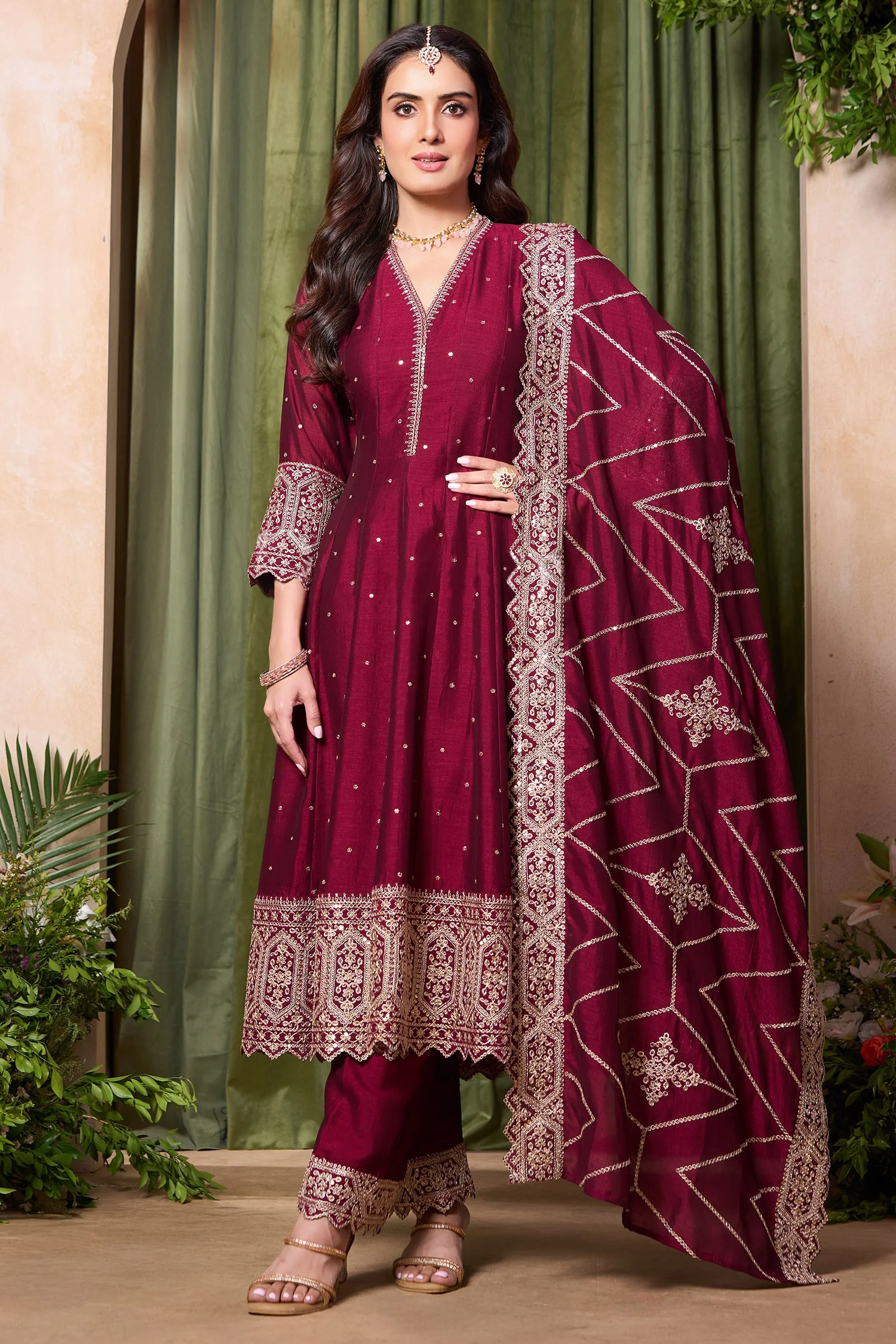 Dark Maroon Art Silk Sequin Embroidered Anarkali Suit - Image 2