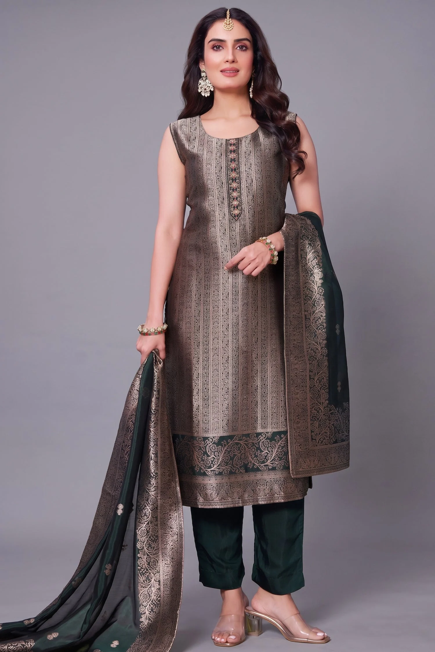 Dark Olive Green Brocade Silk Woven Straight Cut Suit