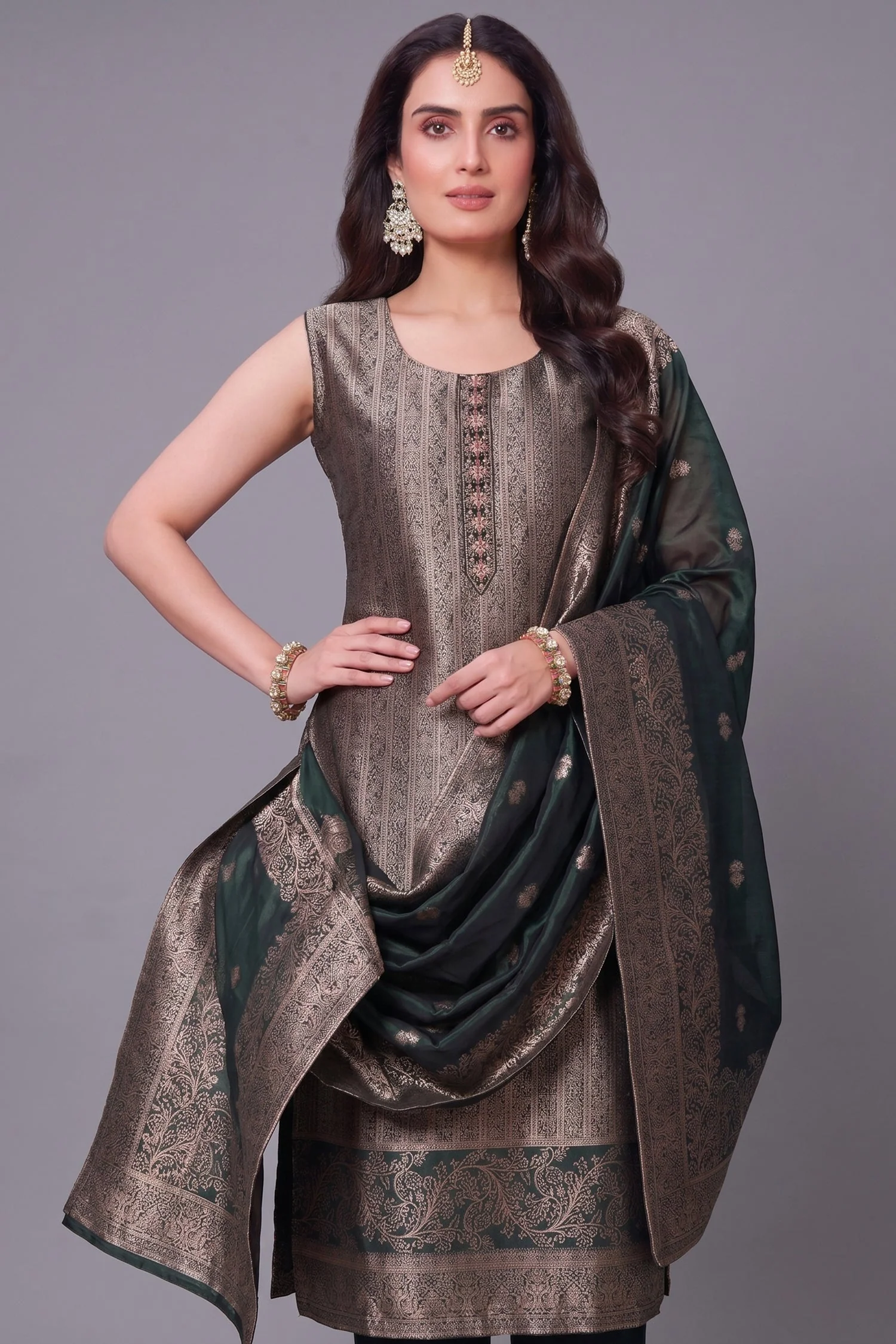 Dark Olive Green Brocade Silk Woven Straight Cut Suit - Image 2