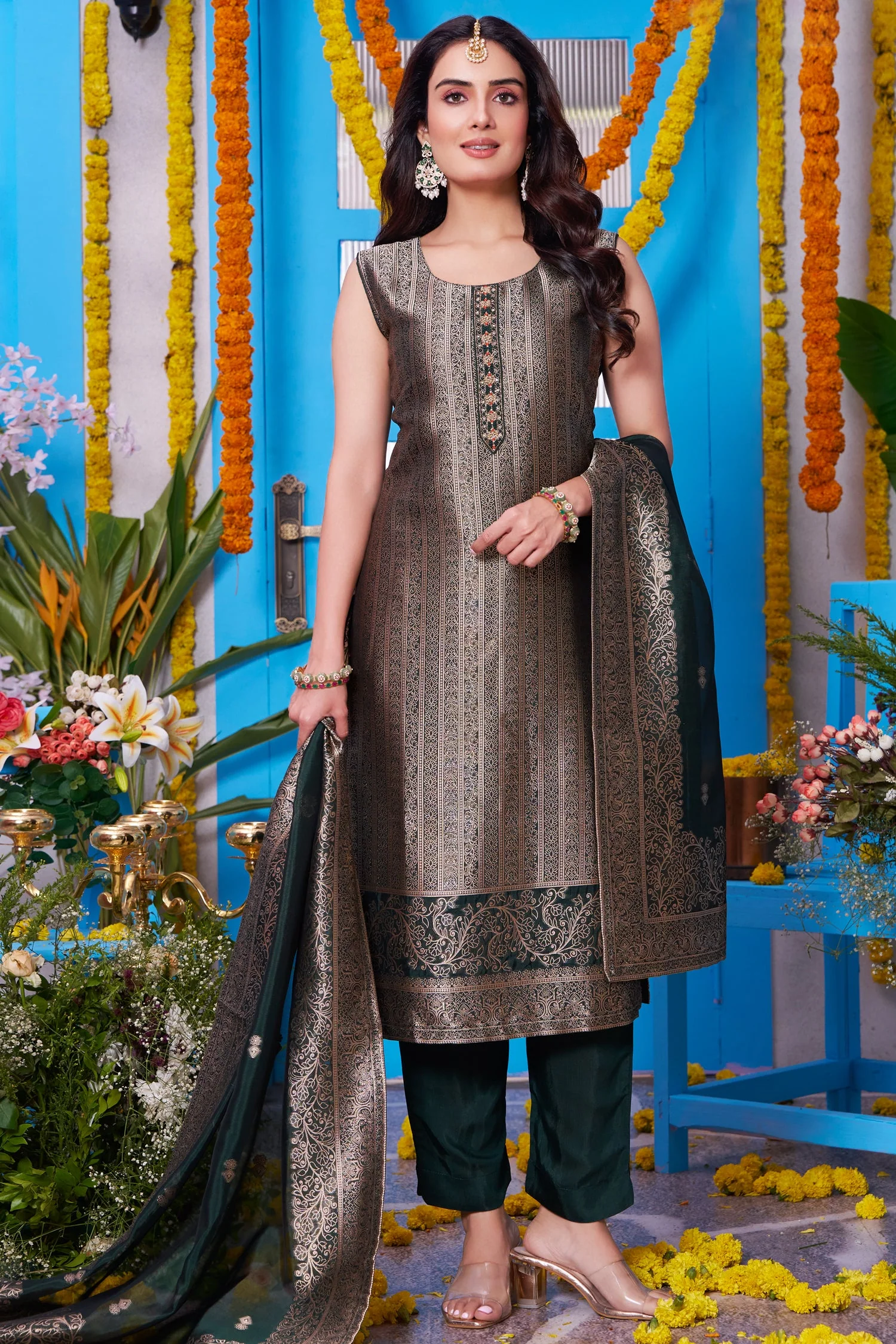Dark Olive Green Brocade Silk Woven Straight Cut Suit - Image 3