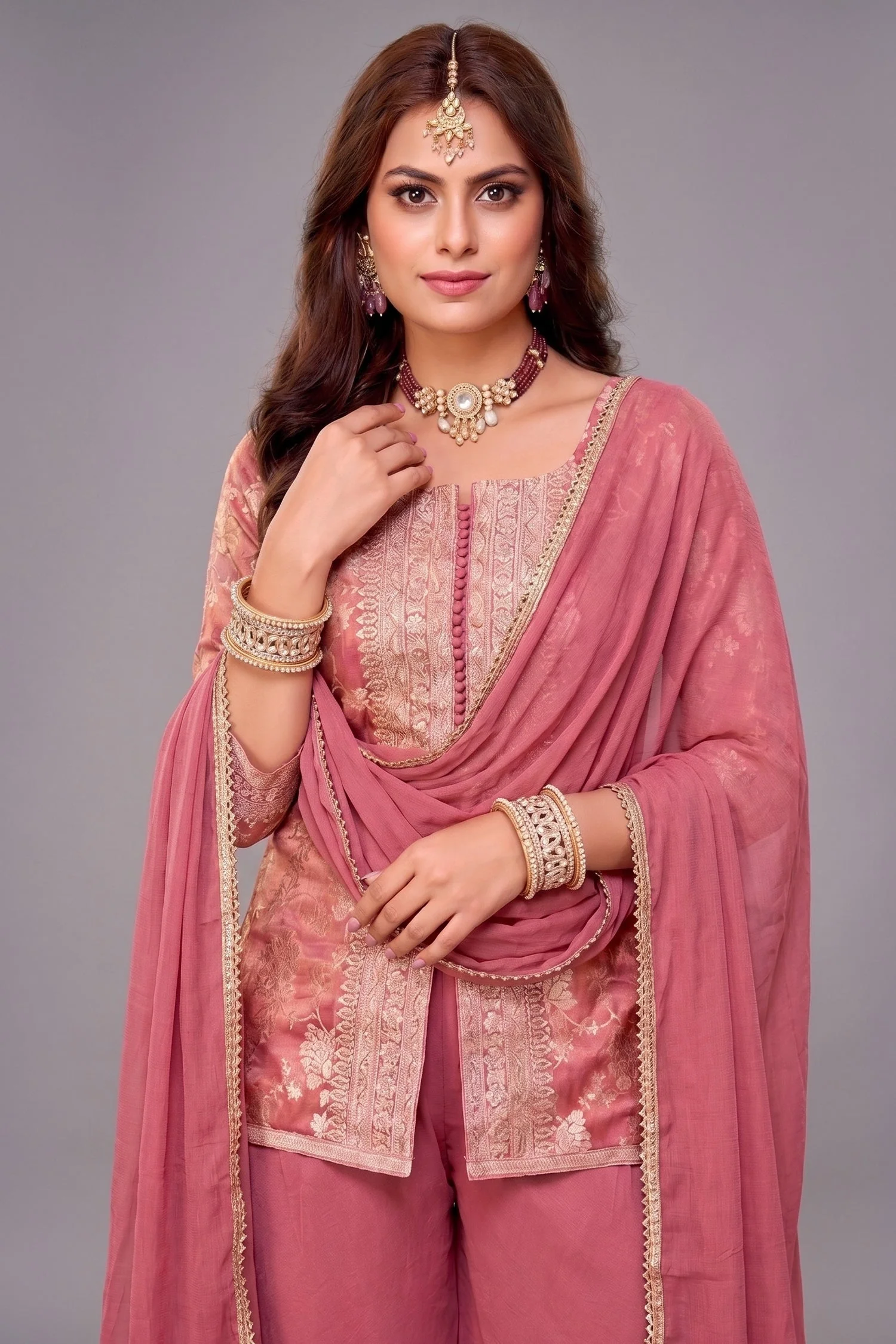 Dark Peach Pink Tissue Woven Palazzo Suit - Image 2