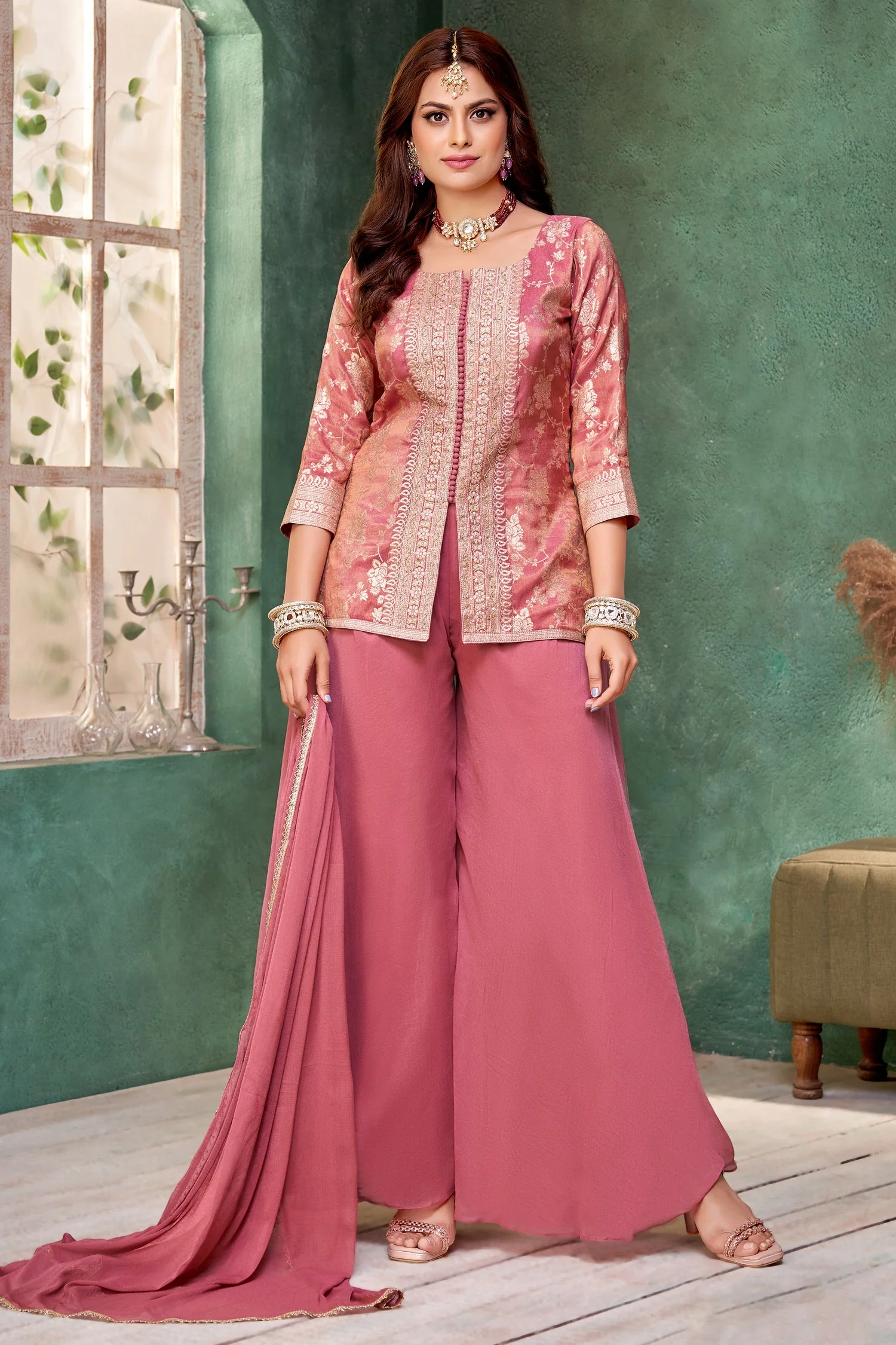 Dark Peach Pink Tissue Woven Palazzo Suit - Image 3