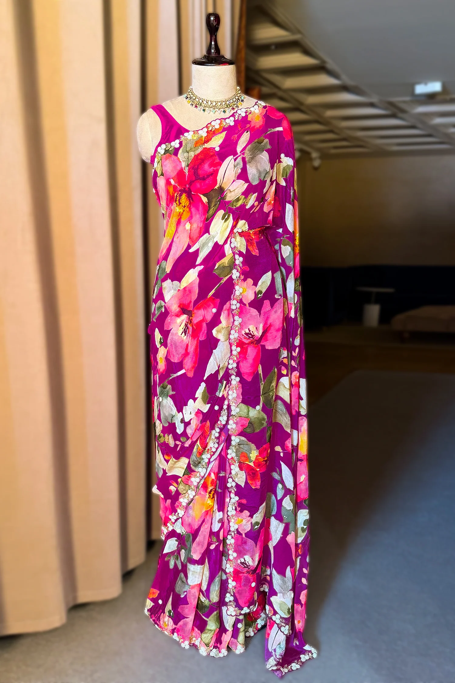 Dark Pink Chiffon Silk Floral Printed Saree with Beaded and Sequin Work On Border - Image 3