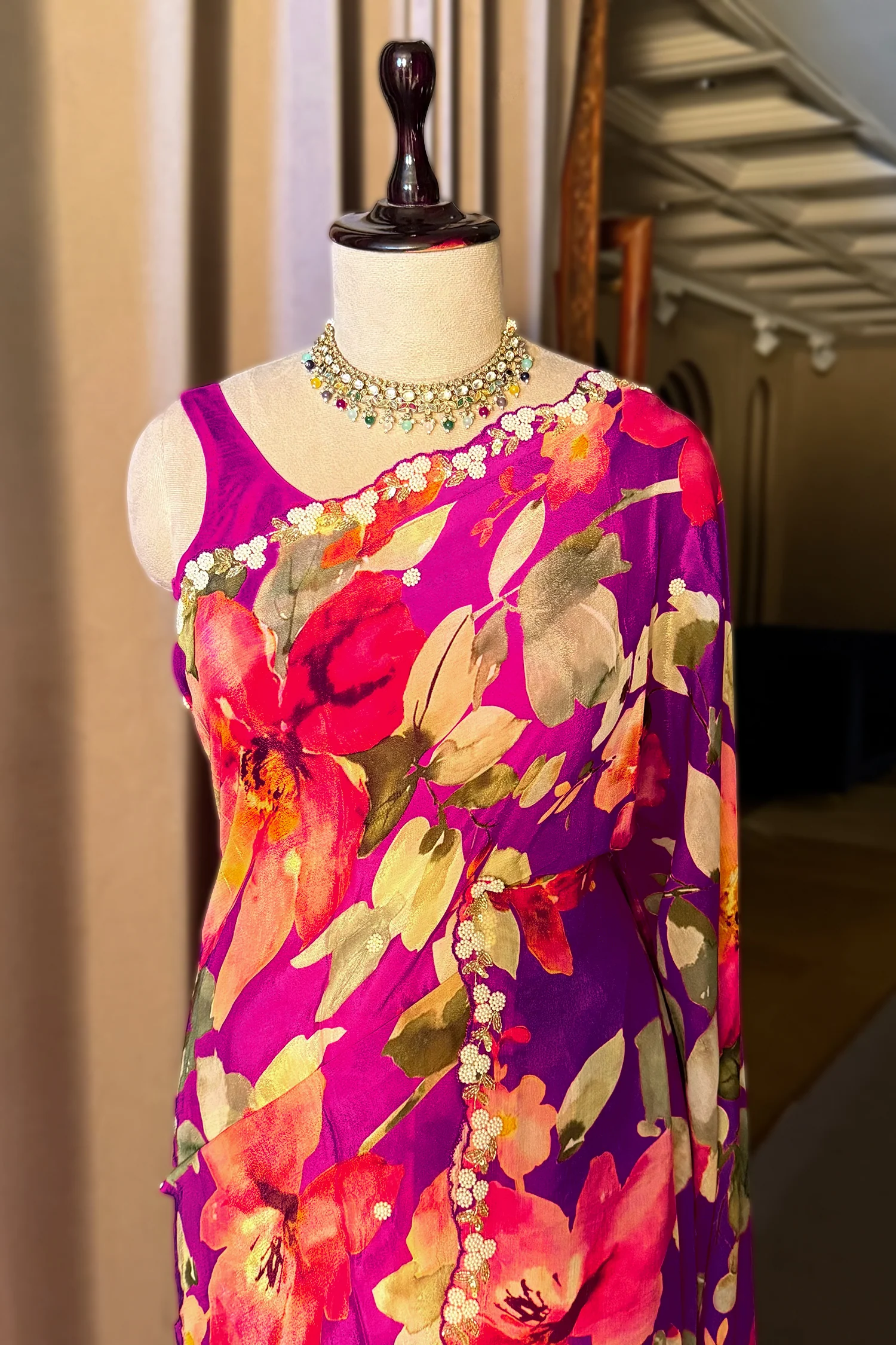 Dark Pink Chiffon Silk Floral Printed Saree with Beaded and Sequin Work On Border - Image 4
