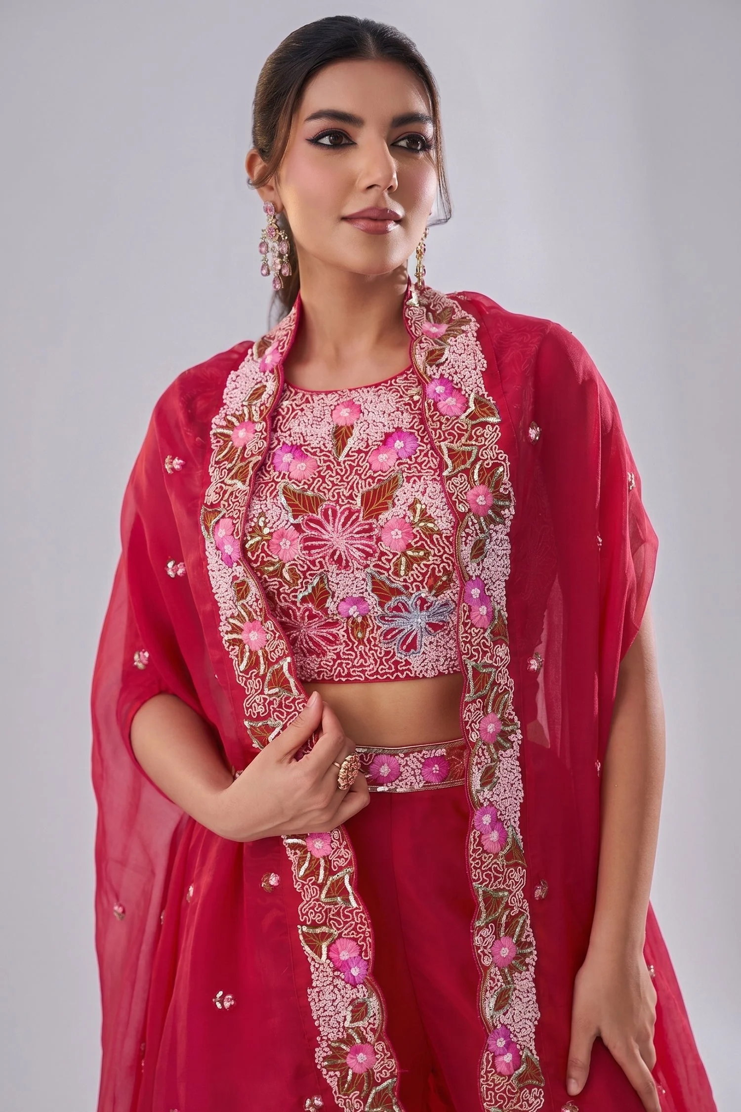 Dark Pink Crepe Embroidered Crop Top with Flared Cape and Flared Palazzo Set - Image 2