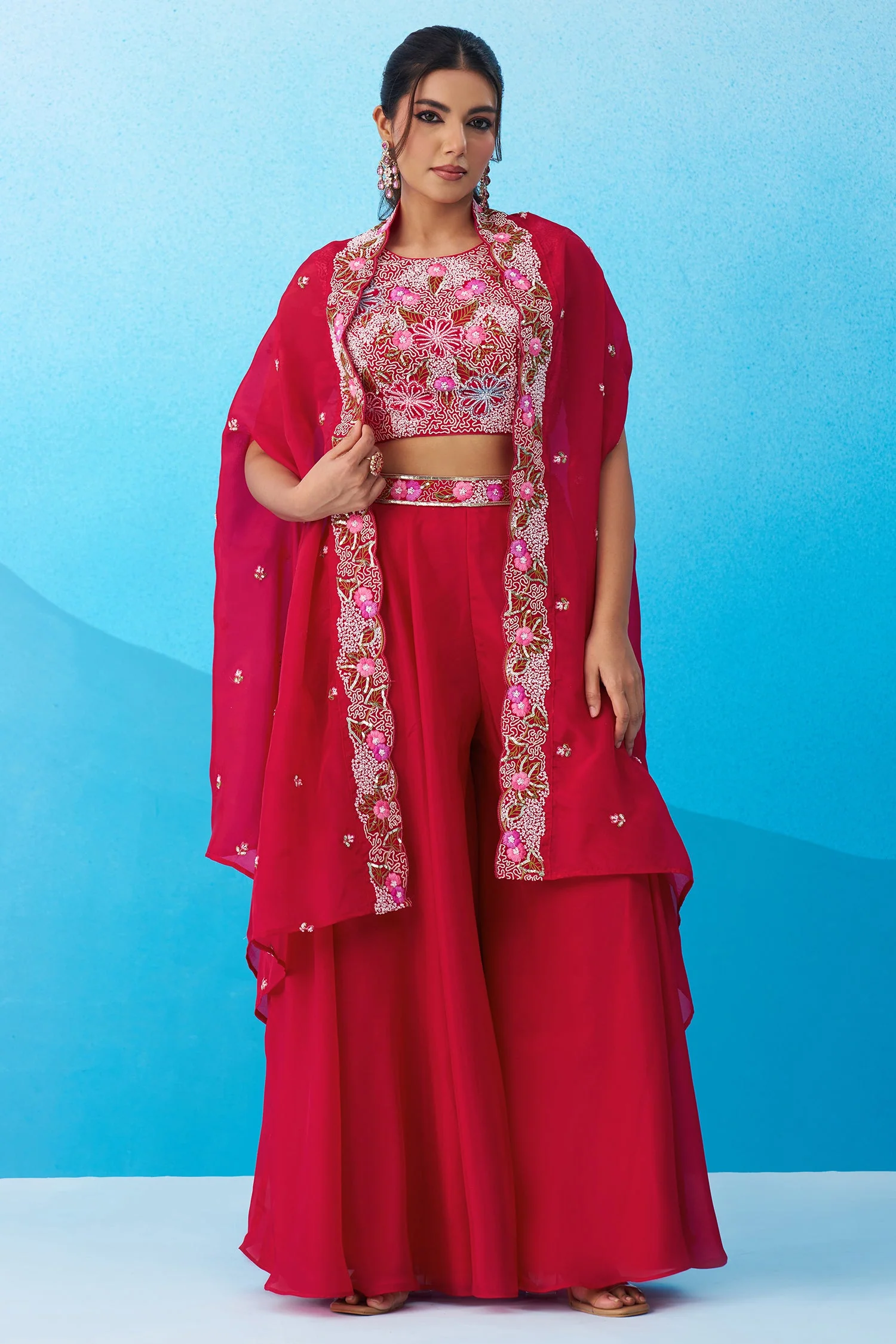 Dark Pink Crepe Embroidered Crop Top with Flared Cape and Flared Palazzo Set - Image 3