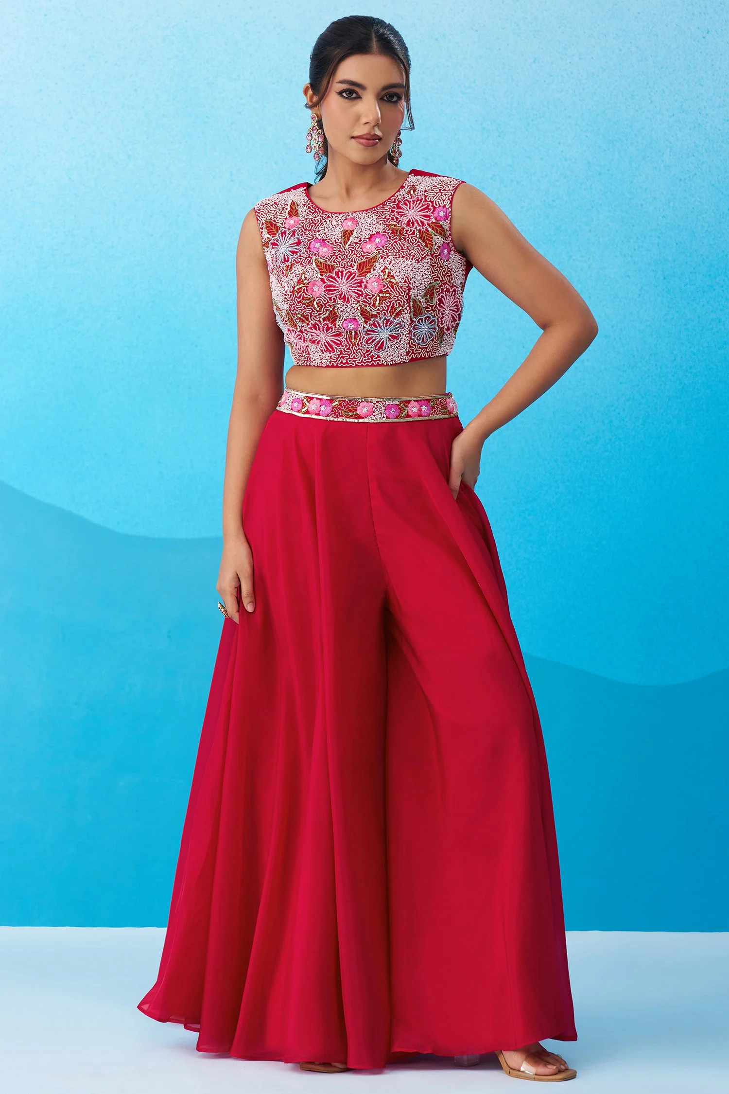 Dark Pink Crepe Embroidered Crop Top with Flared Cape and Flared Palazzo Set - Image 4