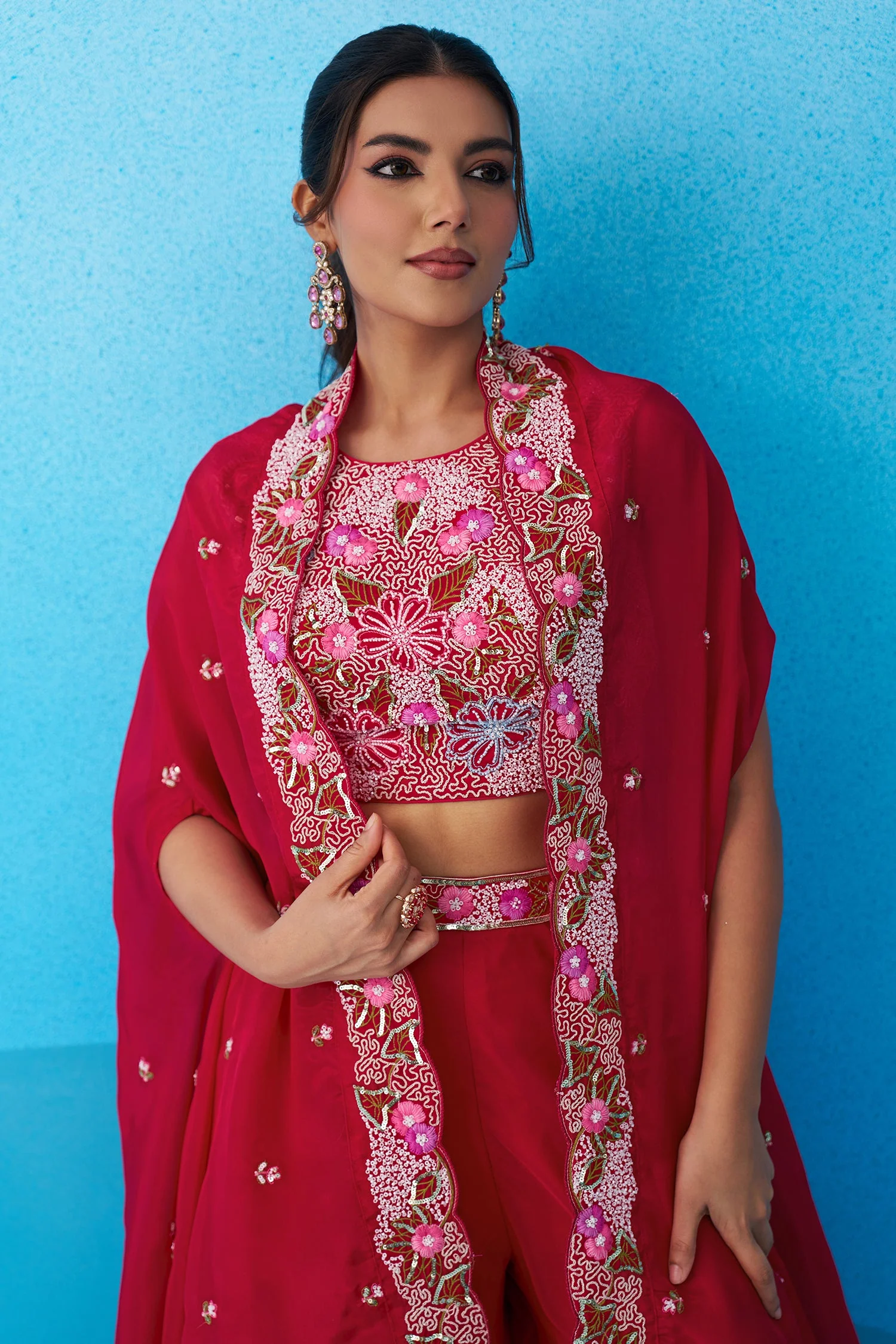 Dark Pink Crepe Embroidered Crop Top with Flared Cape and Flared Palazzo Set - Image 5