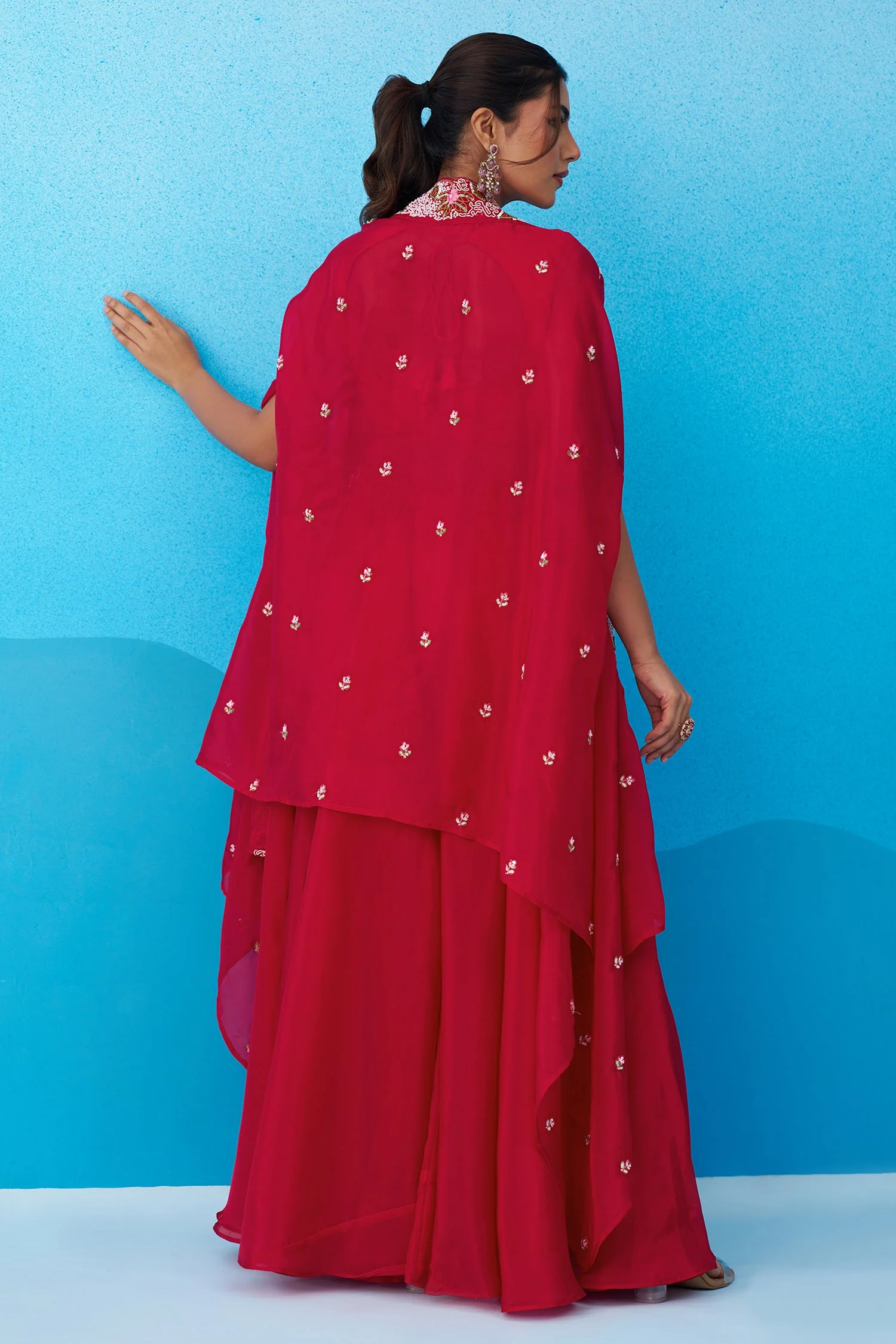 Dark Pink Crepe Embroidered Crop Top with Flared Cape and Flared Palazzo Set - Image 6