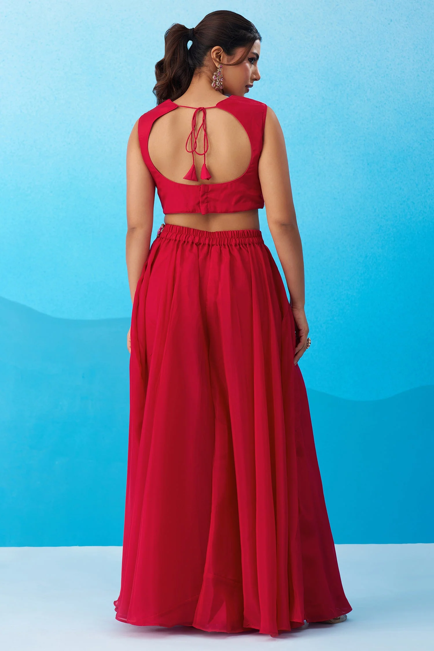 Dark Pink Crepe Embroidered Crop Top with Flared Cape and Flared Palazzo Set - Image 7