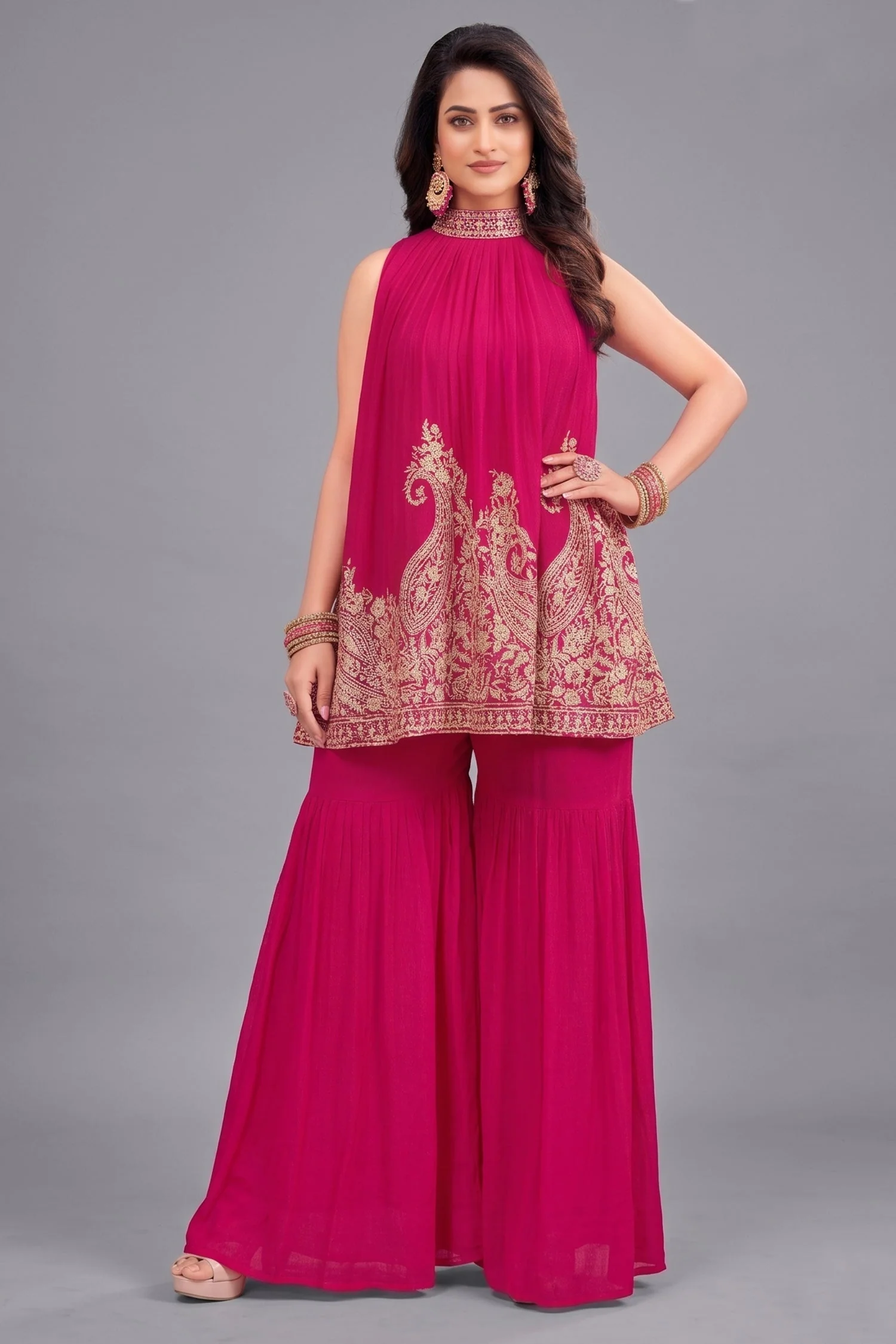 Dark Pink Georgette High Neck Sequin Embroidered Sharara Set